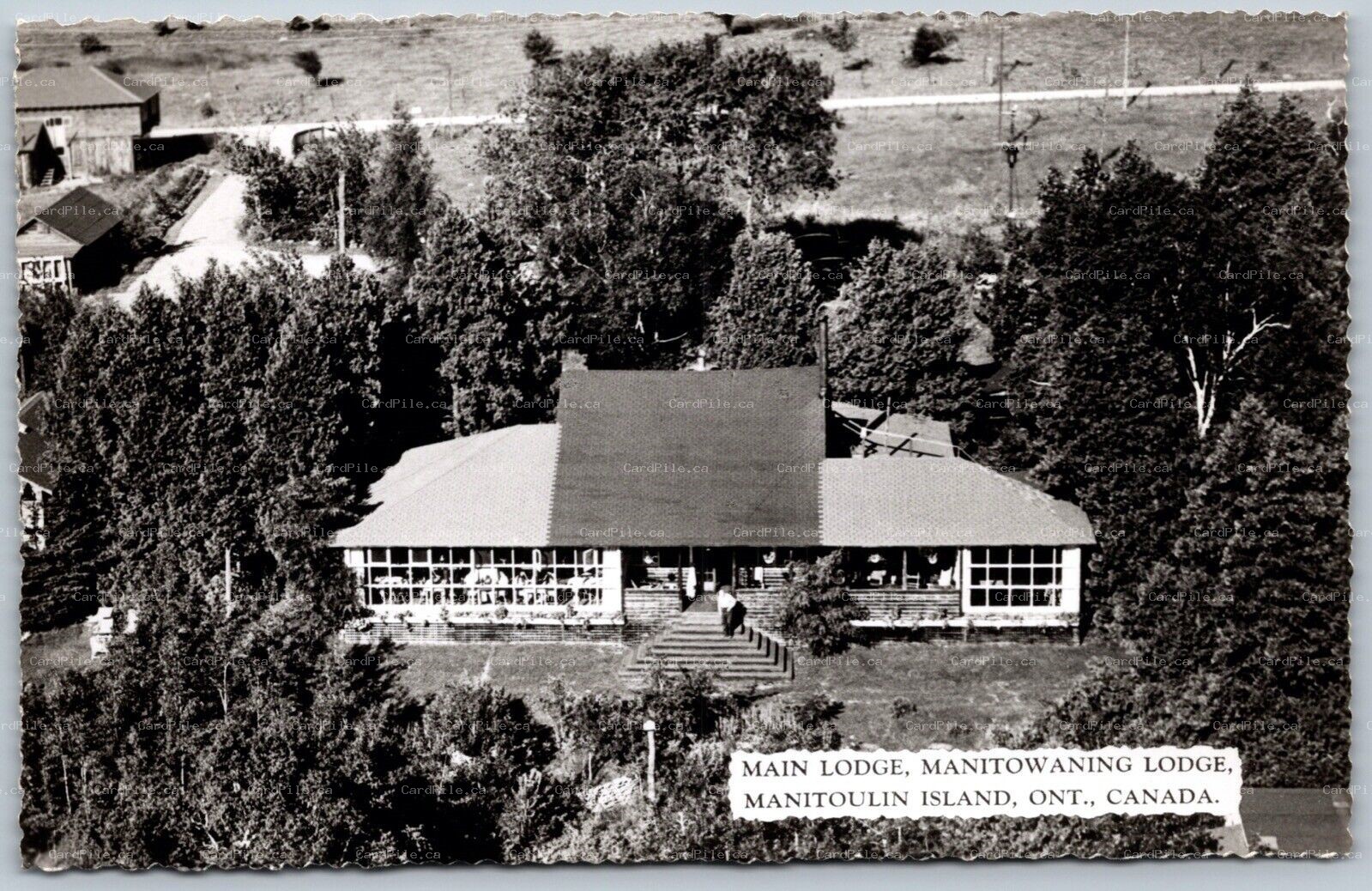 RPPC c1950s Manitoulin Island Ontario Main Lodge Manitowaning Lodge Birds Eye