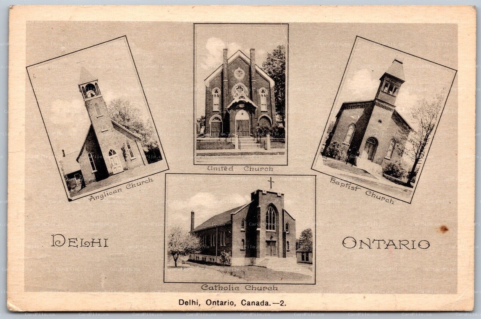 Postcard Delhi Ontario c1942 Four Churches Multi View Norfolk County by PECO