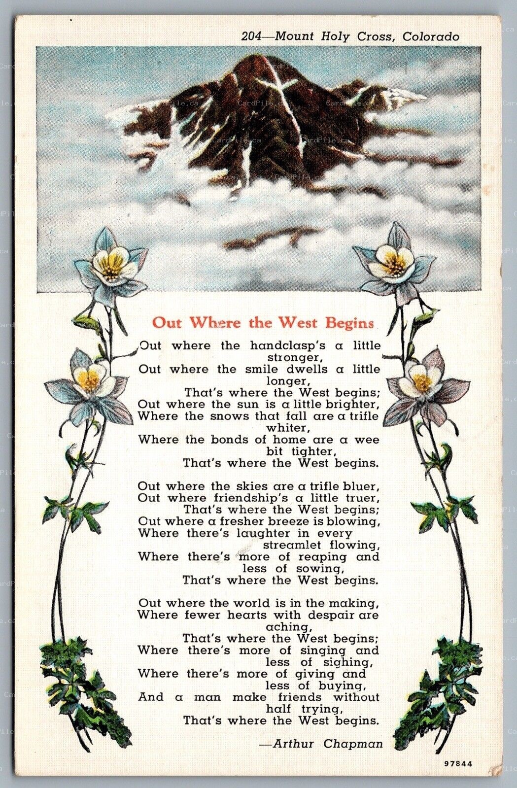 Postcard Mount Holy Cross CO c1930s Poem Arhur Chapman Out Where The West Begins
