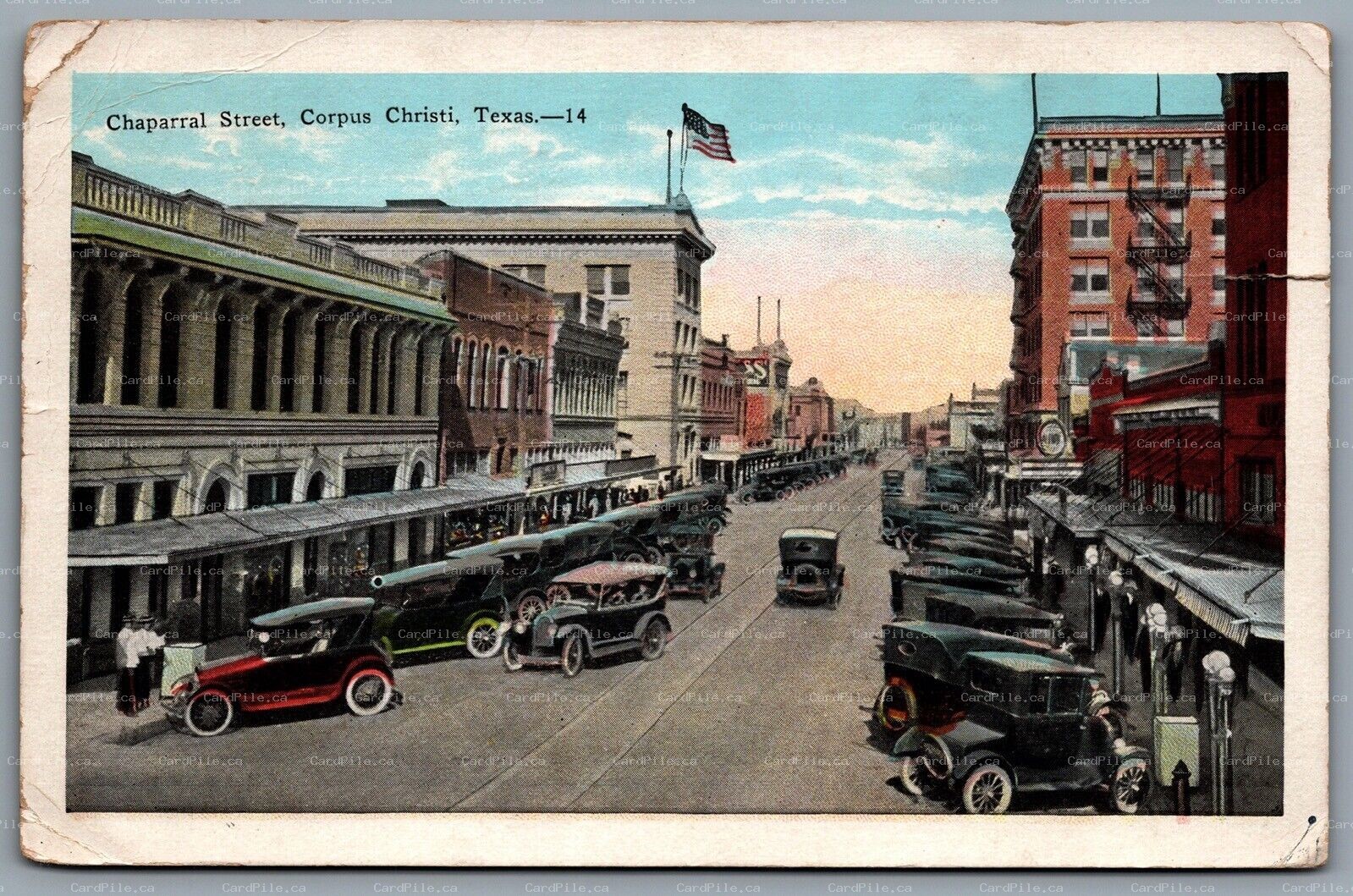 Postcard Corpus Christi TX c1928 Chaparral Street Old Cars CDS Machine Cancel