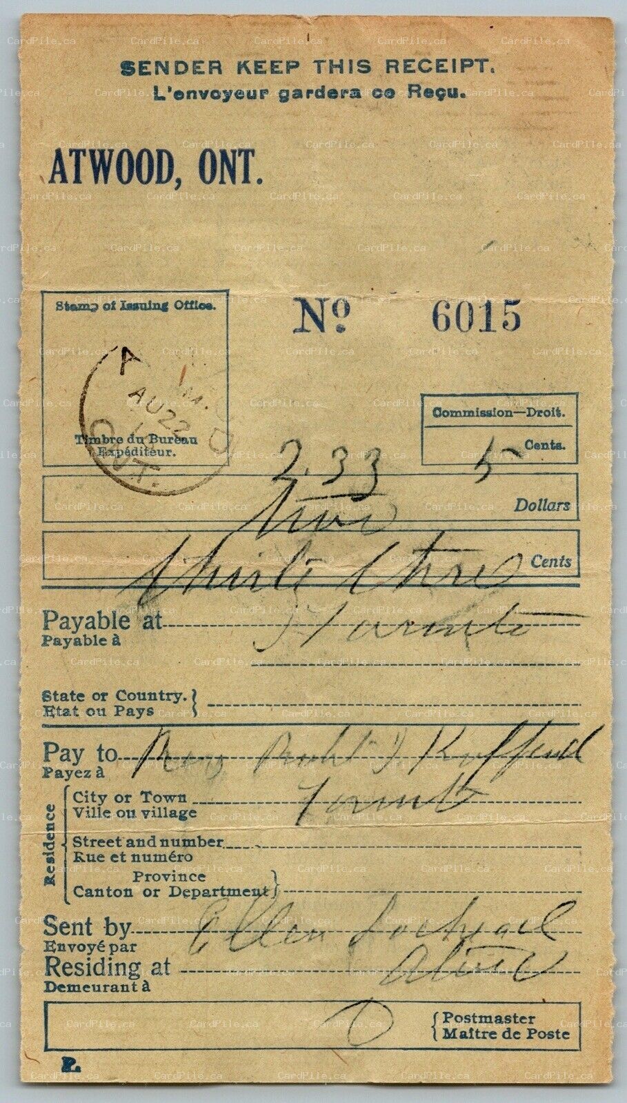 1916 Receipt Atwood Ontario CDS Cancel Payable At Toronto