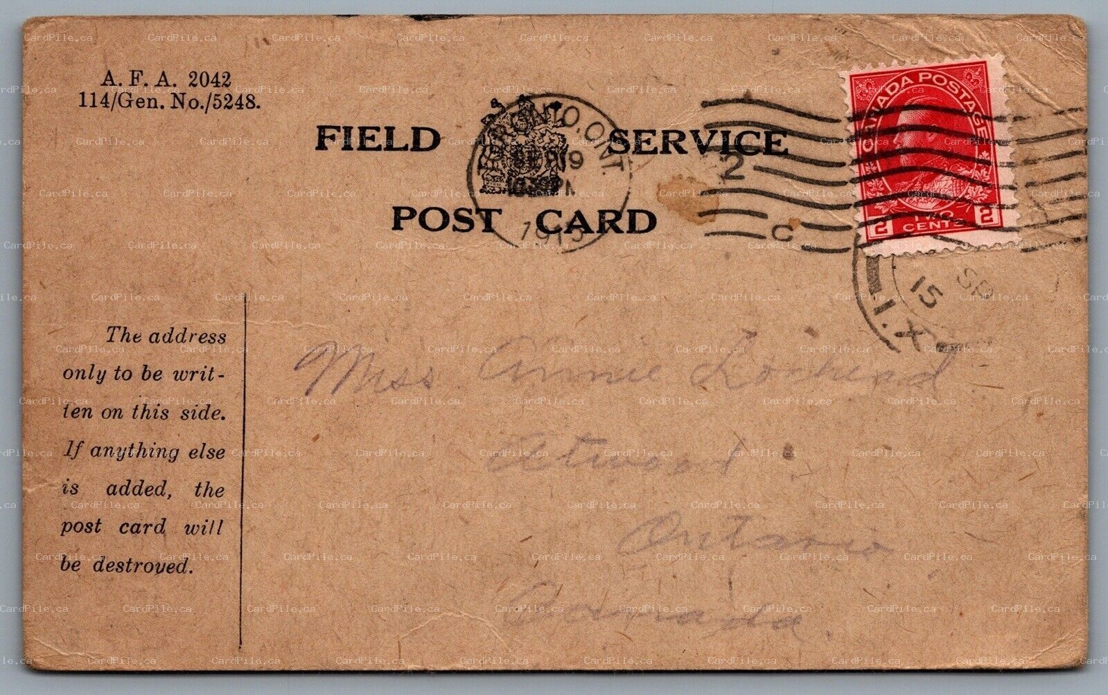 Postcard British c1915 WW1 Field Service Post Card Sent Annie Lochhead Atwood ON