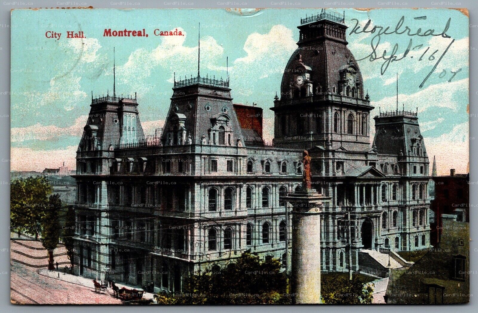 Postcard Montreal Quebec c1910s City Hall TOR & OTTAWA CPR RPO Cancel B