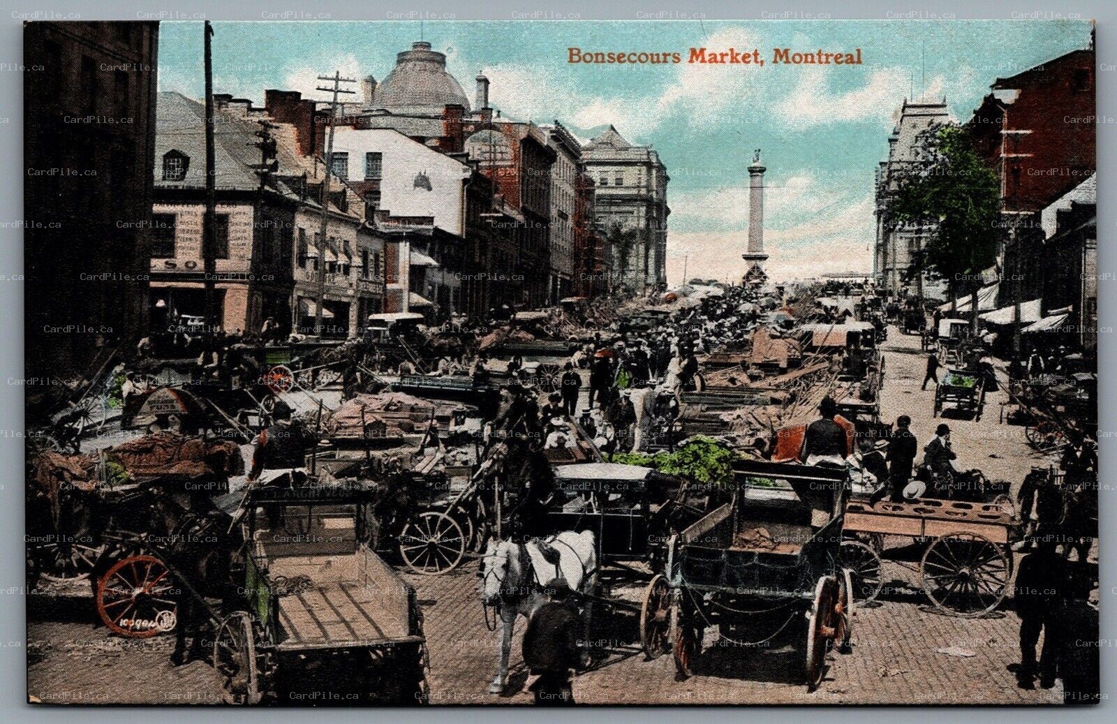Postcard Montreal Quebec c1906 Bonsecours Market Vendors Horse Carriages 