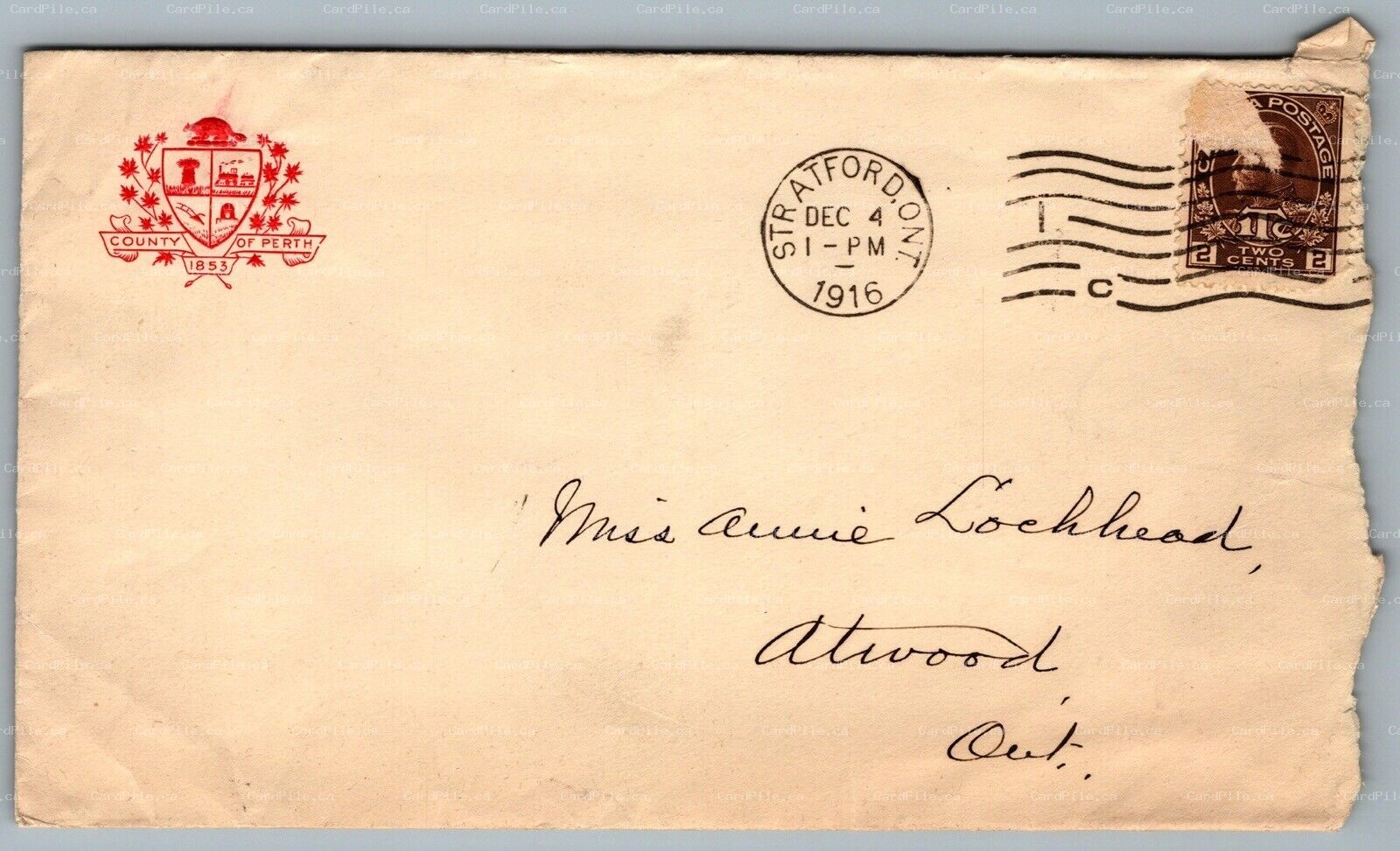 1916 Postal Cover County of Perth Stratford ON to Atwood ON Machine Cancel CDS