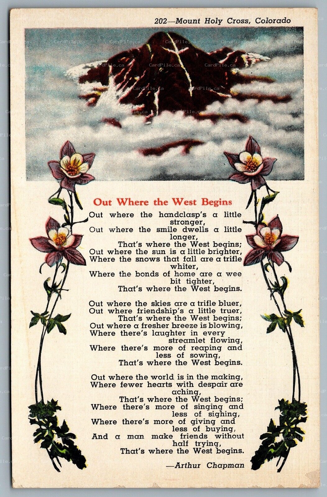 Postcard Mt. Holy Cross Colorado c1930s Out Where The West Begins Arthur Chapman