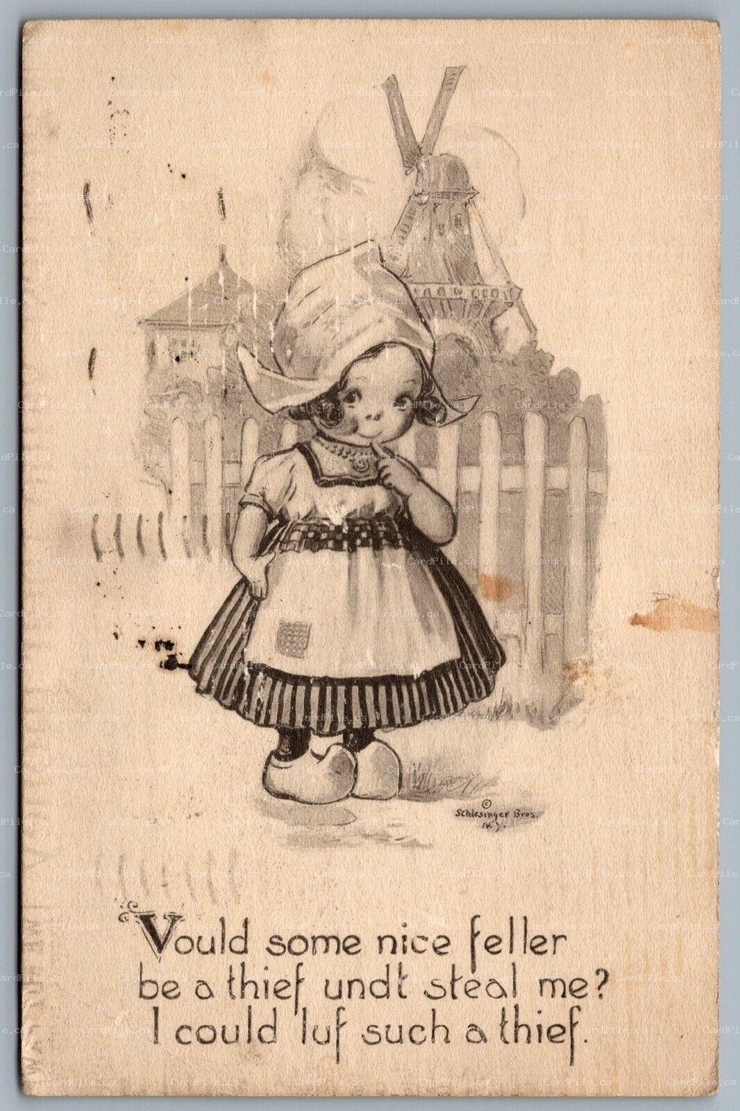 Postcard c1915 A/S Schlesinger Bros. Dutch Girl Vould Some Nice Feller...