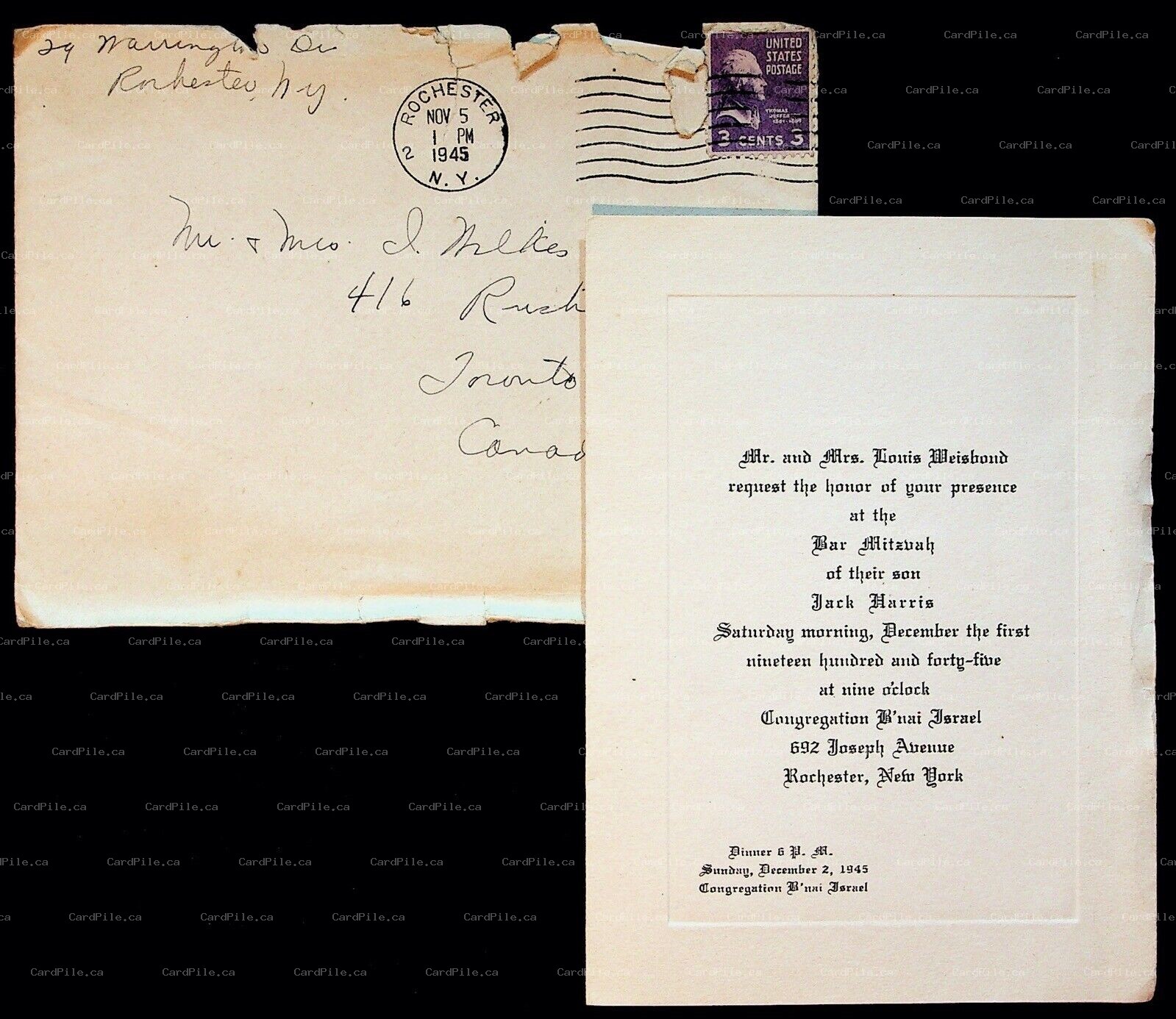 1945 Postal Cover Bar Mitzvah Invitation Congregation B'Nai Israel Rocester NY