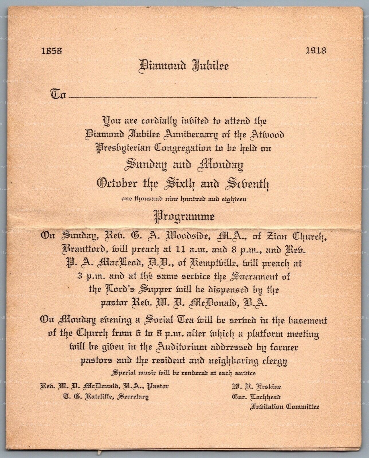 1918 Diamond Jubilee Anniversary Invitation Atwood Presbyterian Church 