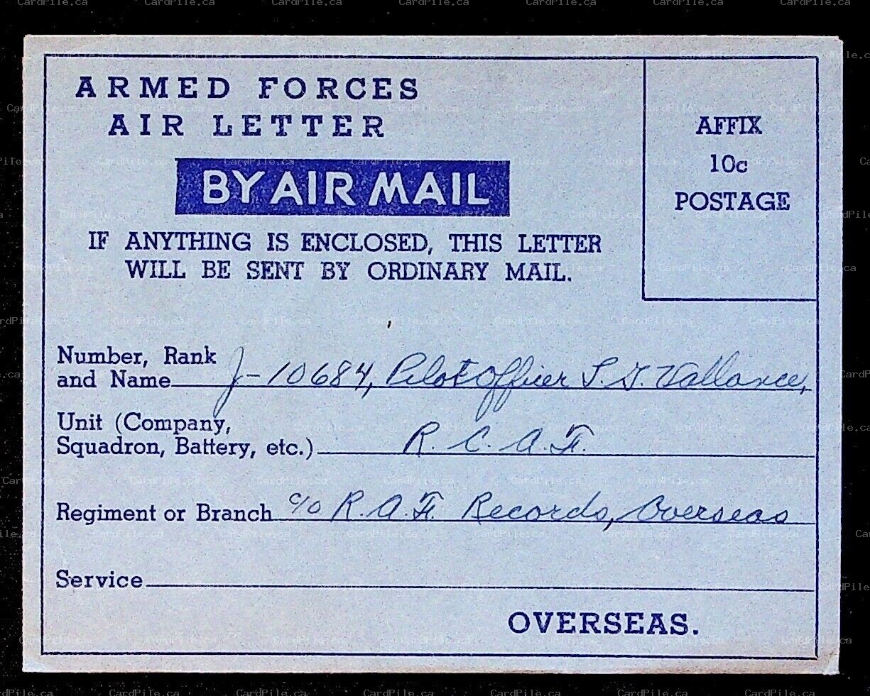 c1940s Canadian Armed Forces Air Letter Pilot Officer Lloyd Vallance RCAF