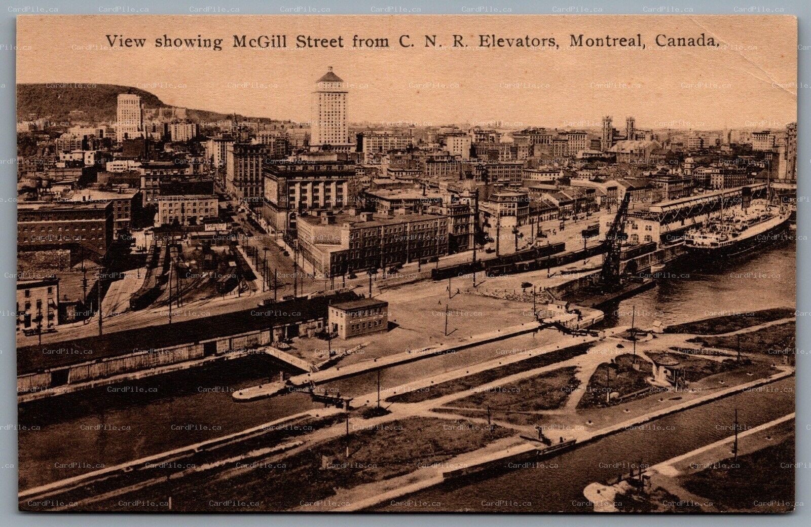 Postcard Monteral PQ c1915 View Showing McGill Street From CNR Elevators Aerial