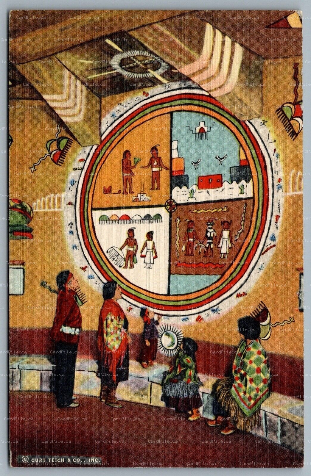 Postcard Grand Canyon AZ c1947 Painting In Indian Watchtower Desert View