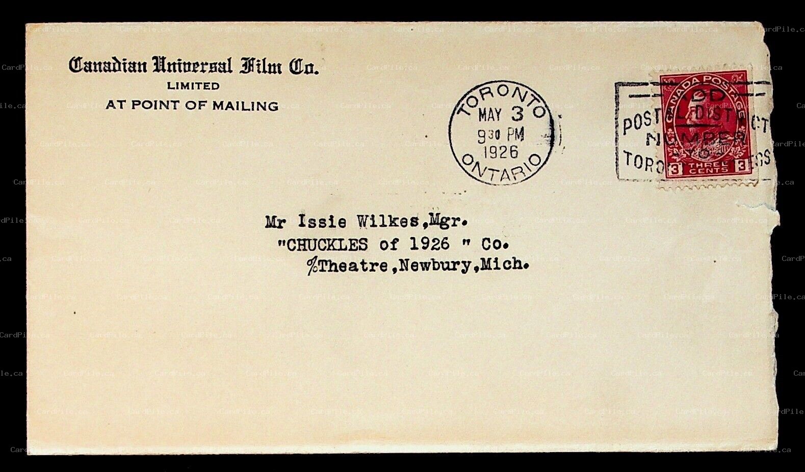 1926 Postal Cover Canadian Universal Film Co. “Chuckles of 1926” Issie Wilkes