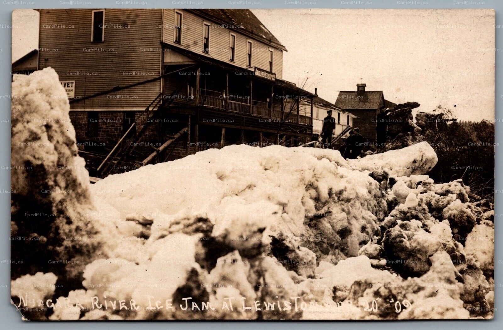 Postcard RPPC c1909 Lewiston NY Niagara River Ice Jam at Anglers’ Retreat B