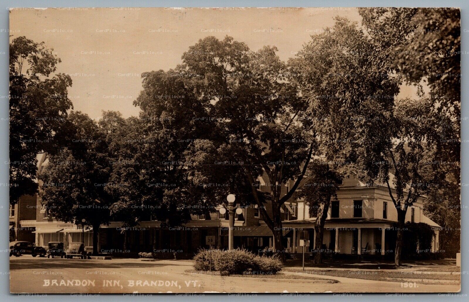 Postcard RPPC c1920s Brandon VT Brandon Inn Old Cars View From Street