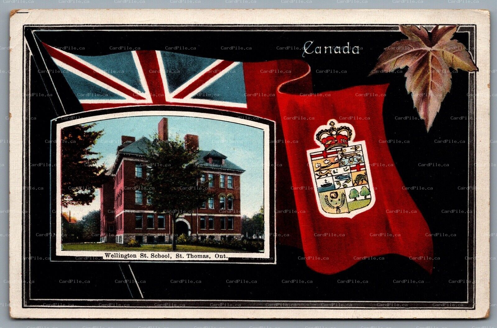 Postcard St. Thomas ON c1915 Wellington St. School Patriotic Union Jack Flag CDS