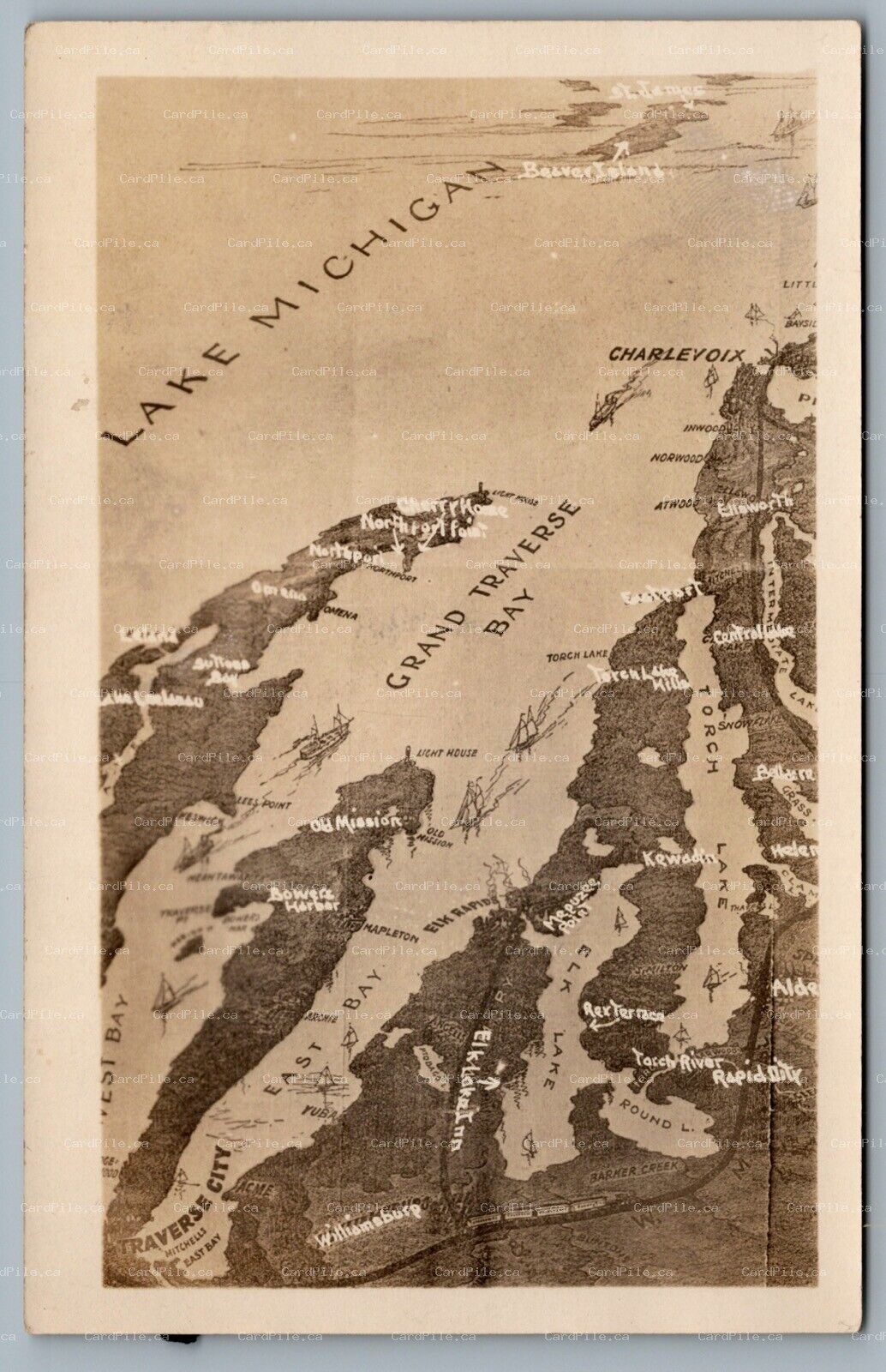 Postcard RPPC c1930s Aerial View of Grand Traverse Bay Lake Michigan Towns Map