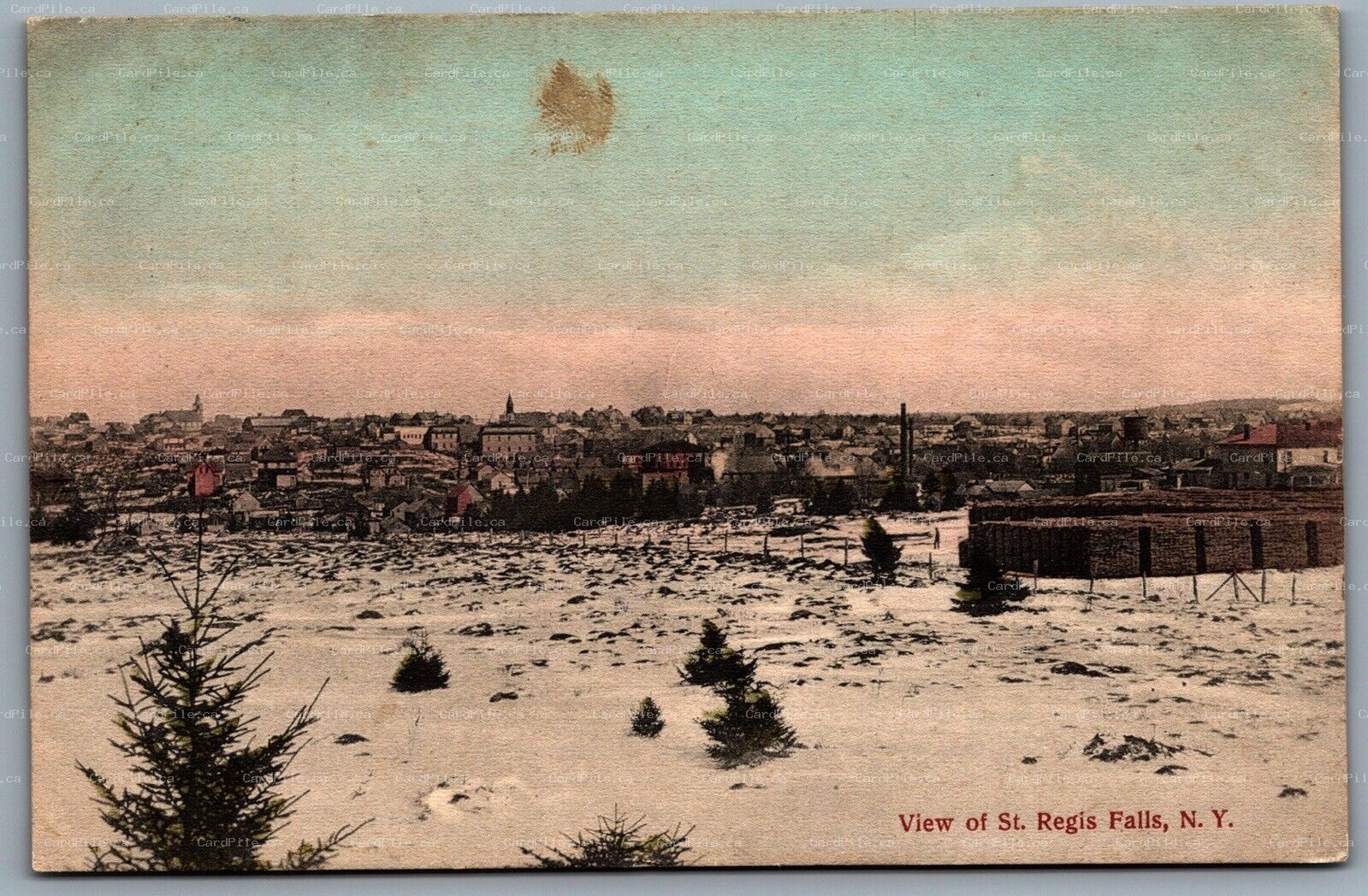 Postcard St. Regis Falls New York c1909 View of Town Hand Tinted Winter Scene