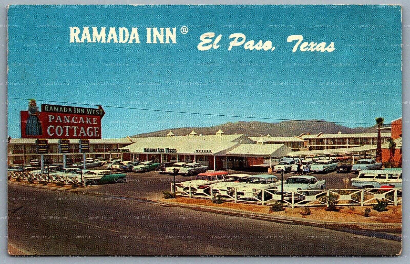 Postcard El Paso TX c1962 Ramada Inn West Pancake Cottage Old Cars Hwy 62-180