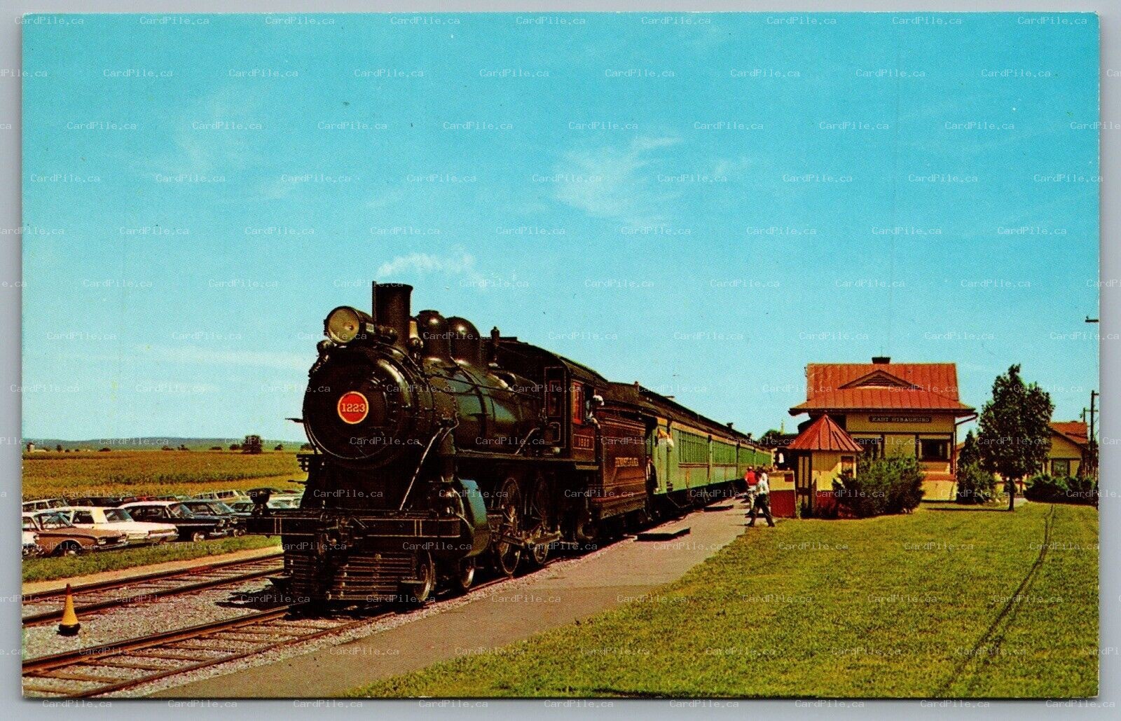 Postcard PA Railroad Route 741 Train At East Strasburg Station Old Cars
