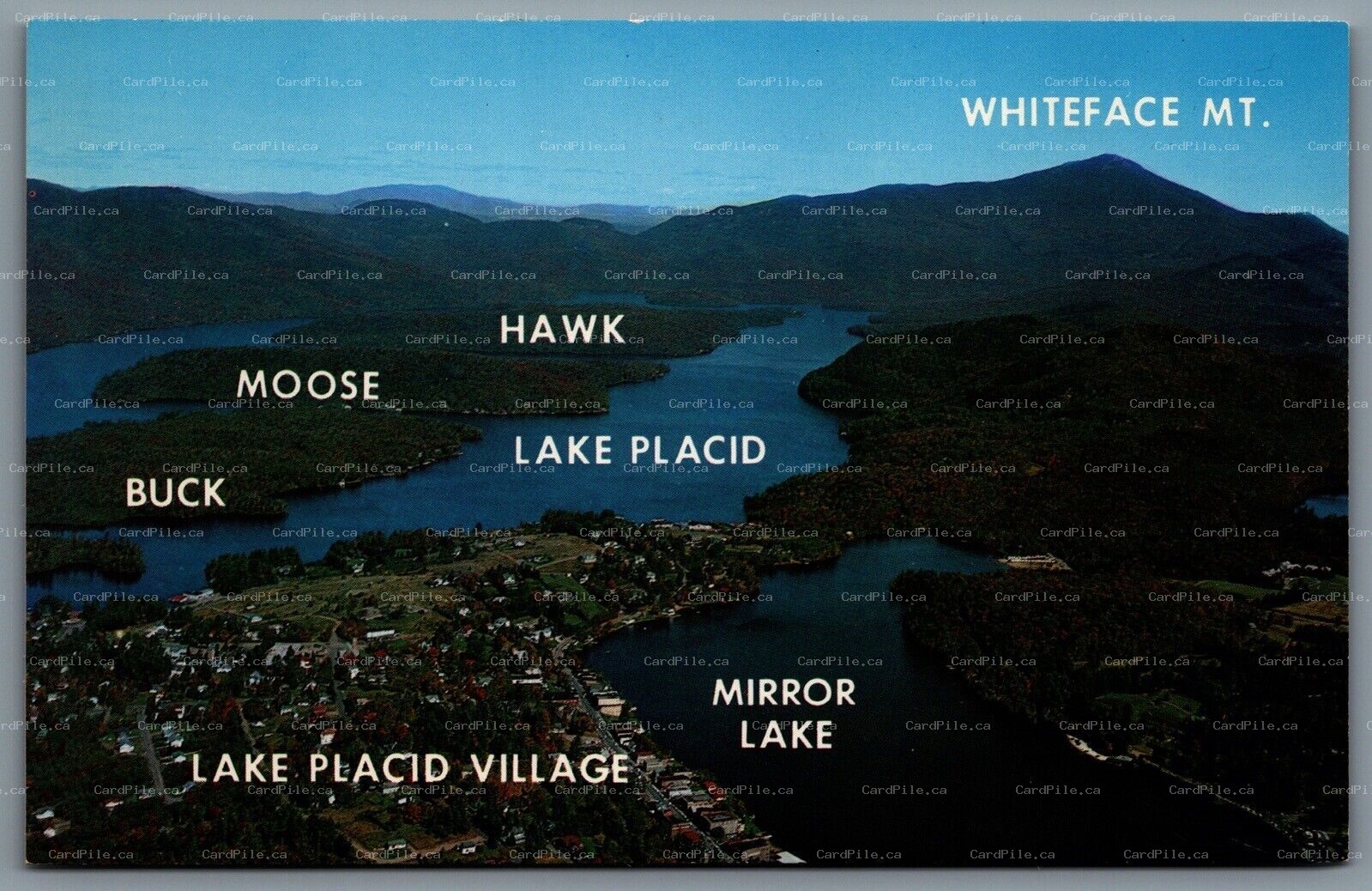 Postcard Lake Placid NY c1970s Aerial View Mirror Lake Buck Moose Hawk Islands
