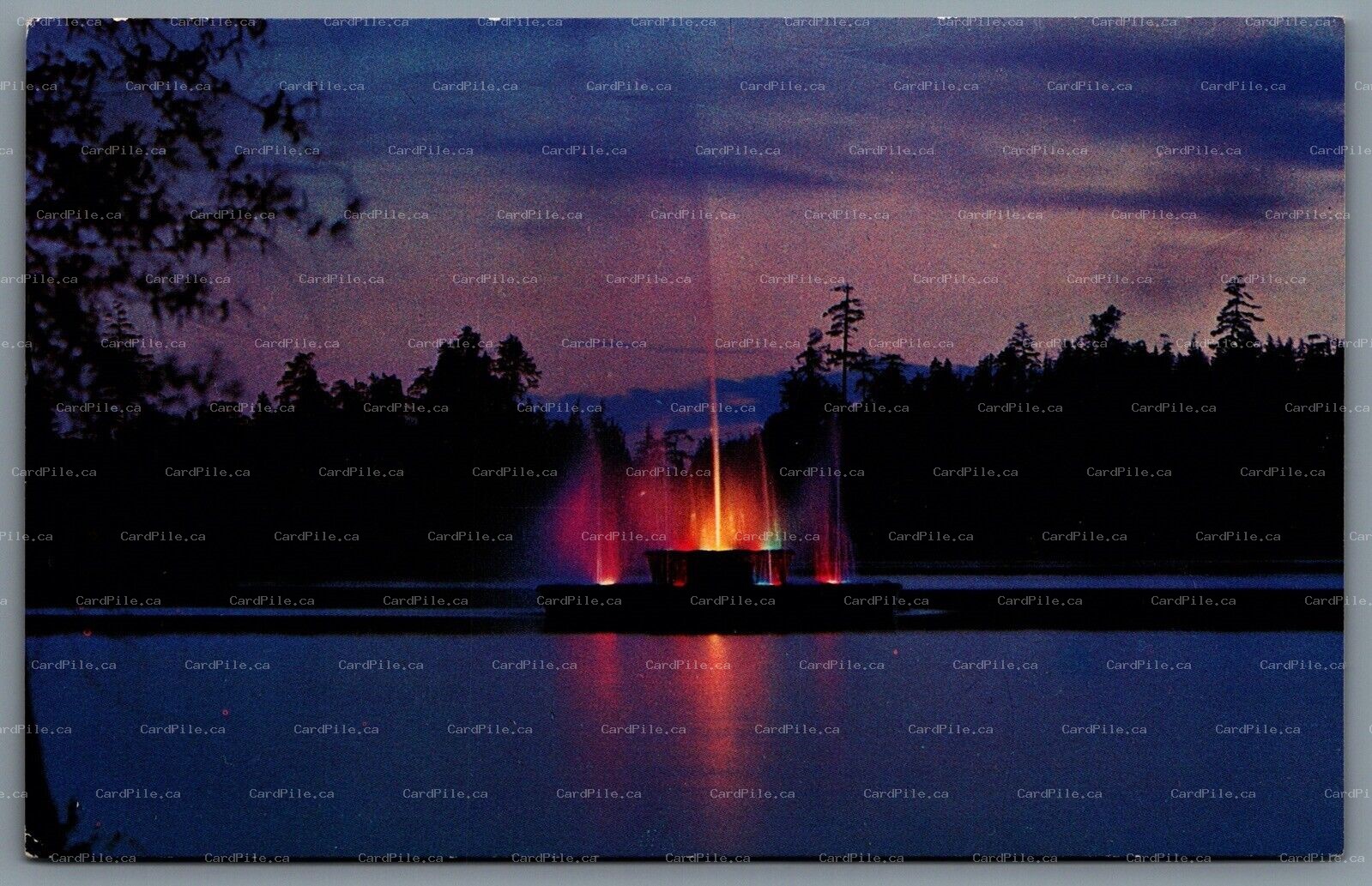 Postcard Vancouver BC c1970s Fountain in Lost Lagoon Stanley Park At Dusk