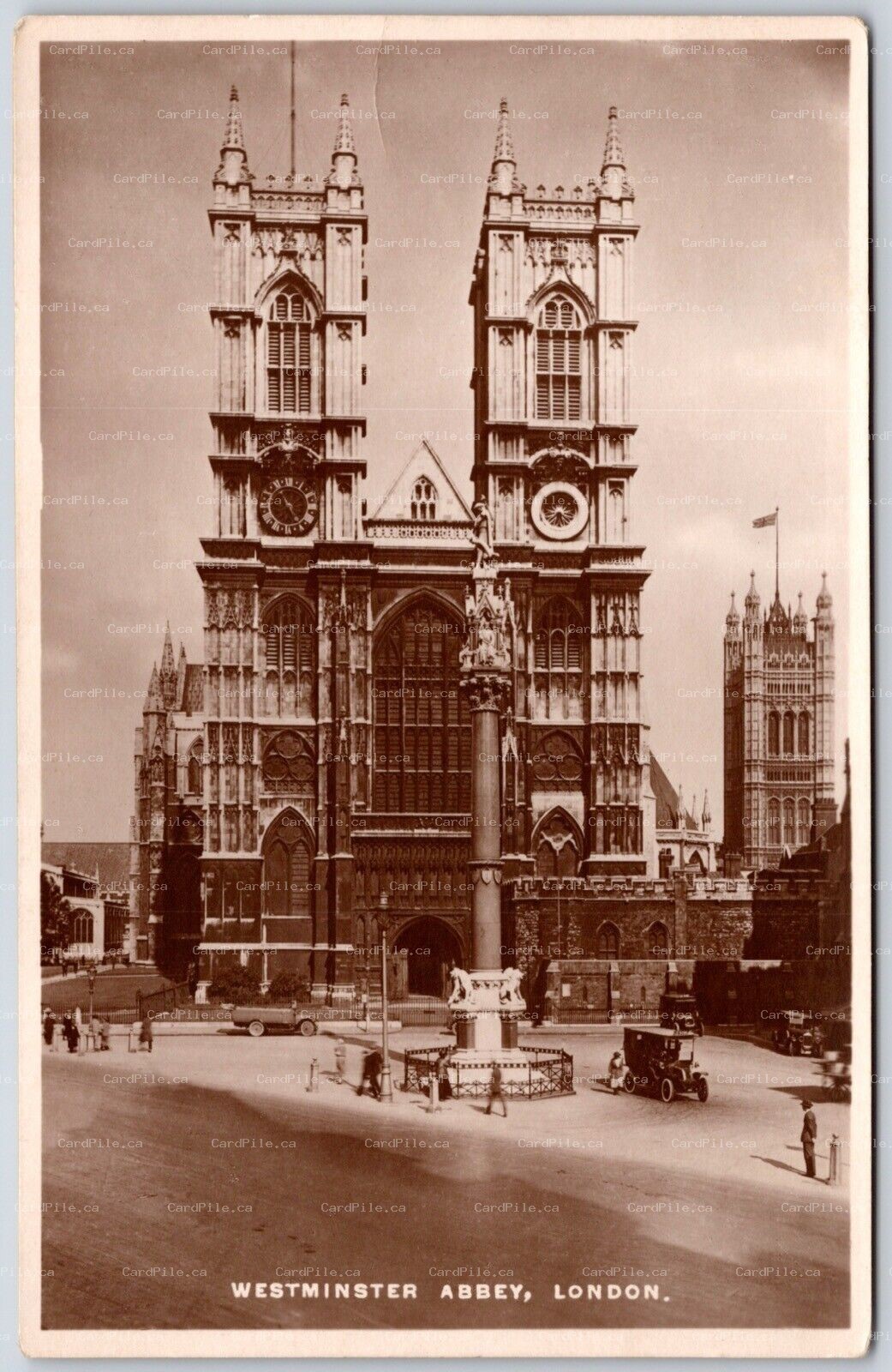 Postcard RPPC c1920s London England Westminster Abbey Old Taxis Western Facade