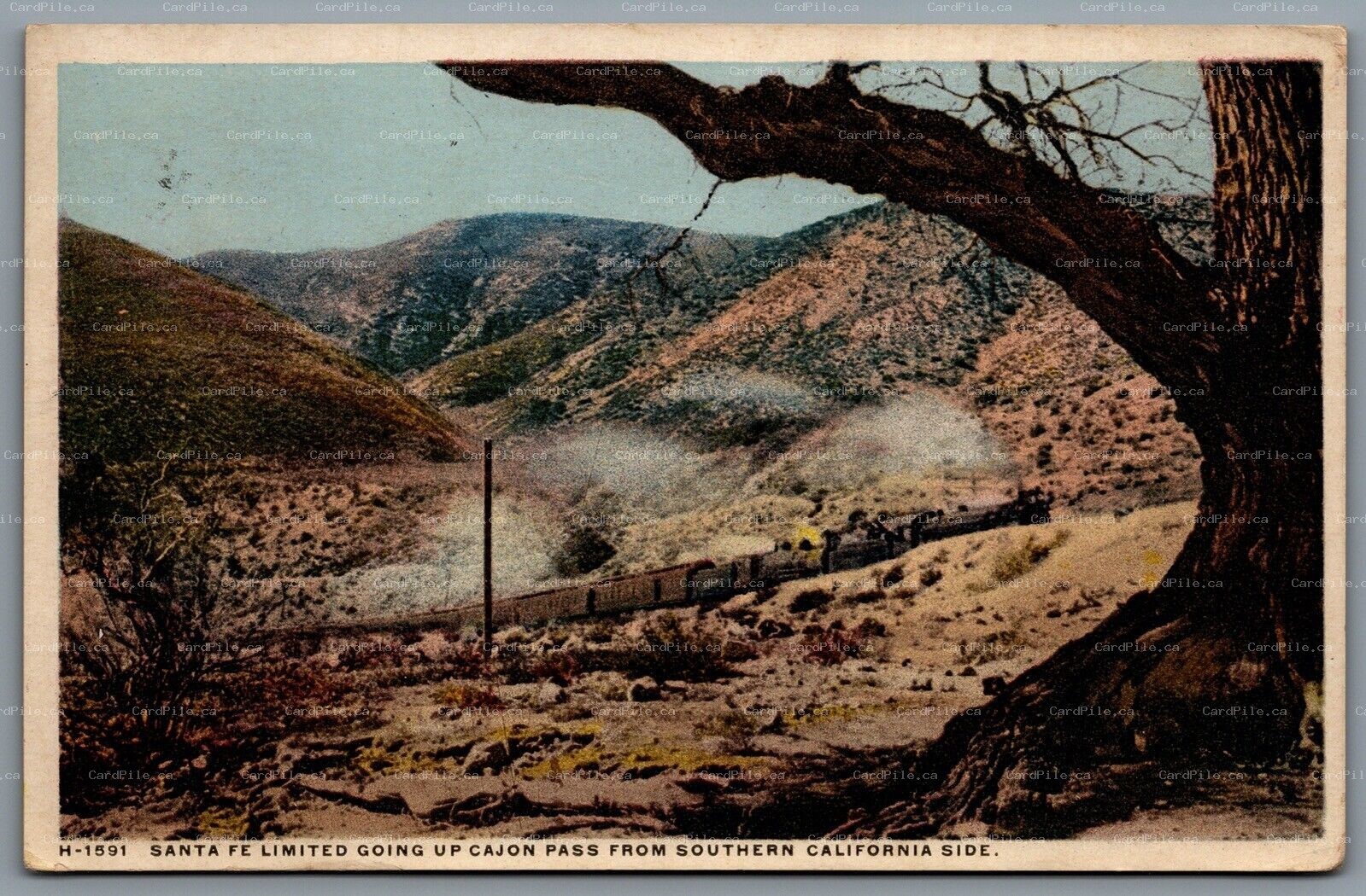 Postcard Cajon Pass CA c1931 Santa Fe Going Up Cajon Pass Fred Harvey RPO Cancel