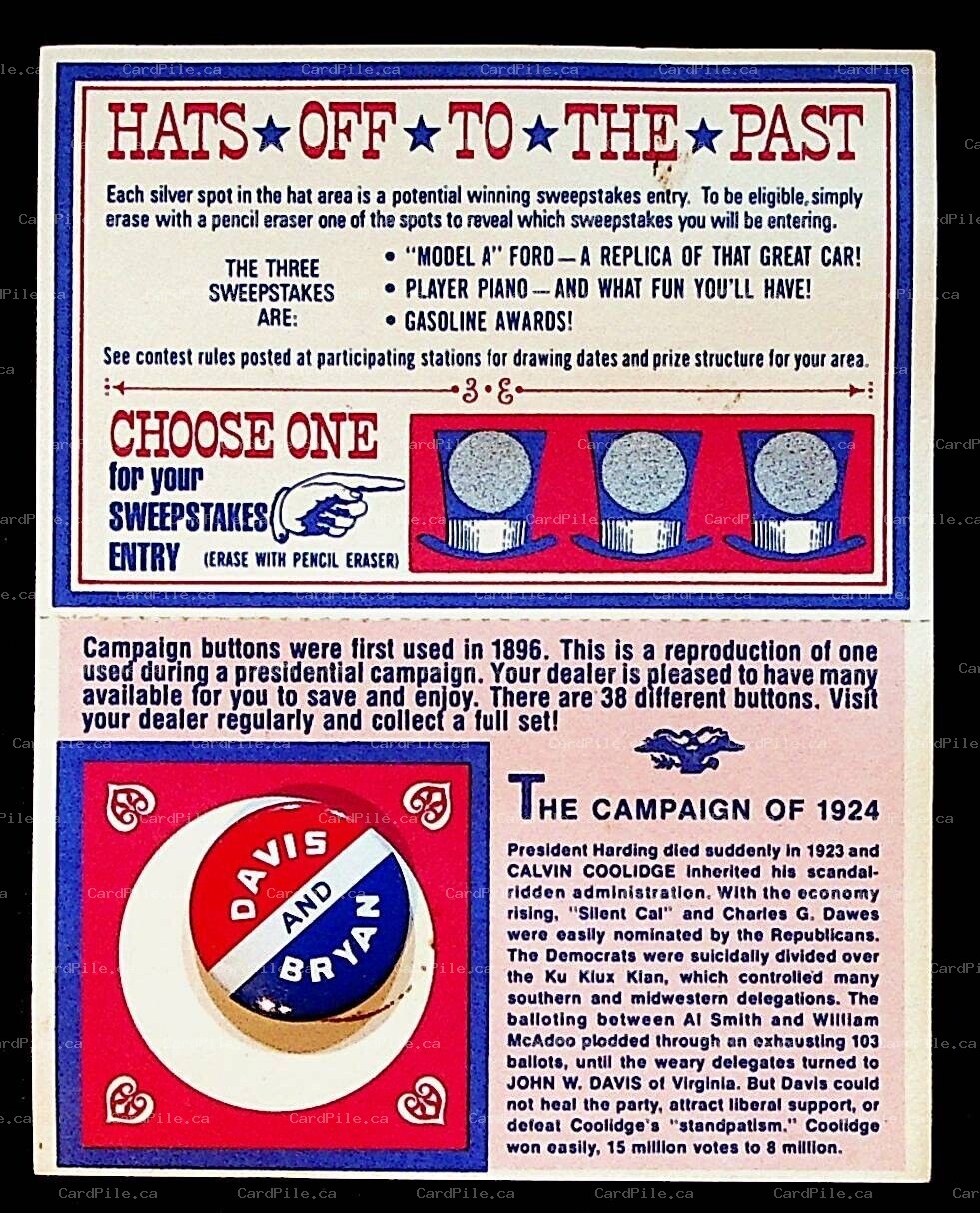 VINTAGE 1972 American Oil Company Sweepstakes Pinback Button Davis and Bryan