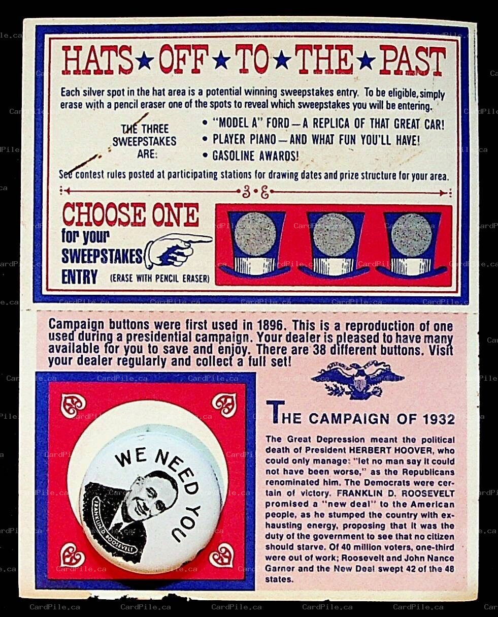 VINTAGE 1972 American Oil Company Sweepstakes Pinback Button Franklin Roosevelt