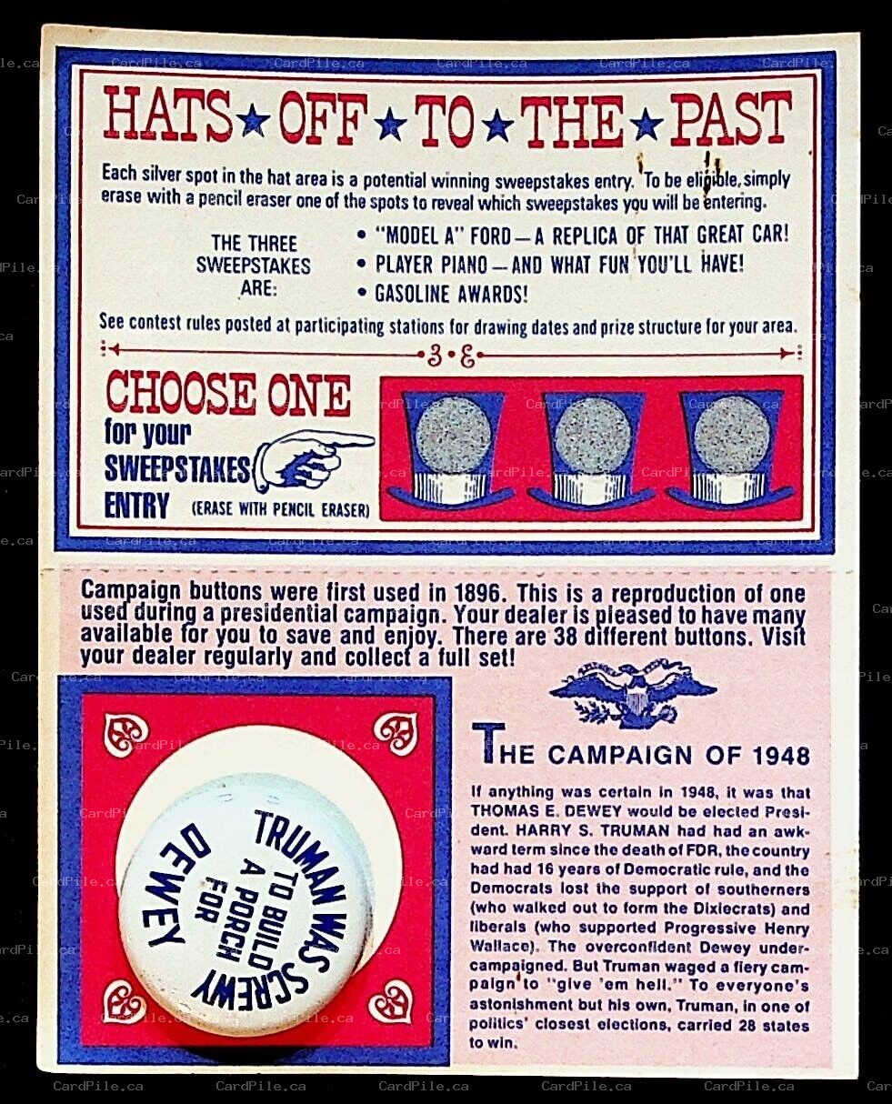 VINTAGE 1972 American Oil Company Sweepstakes Pinback Button Thomas E. Dewey