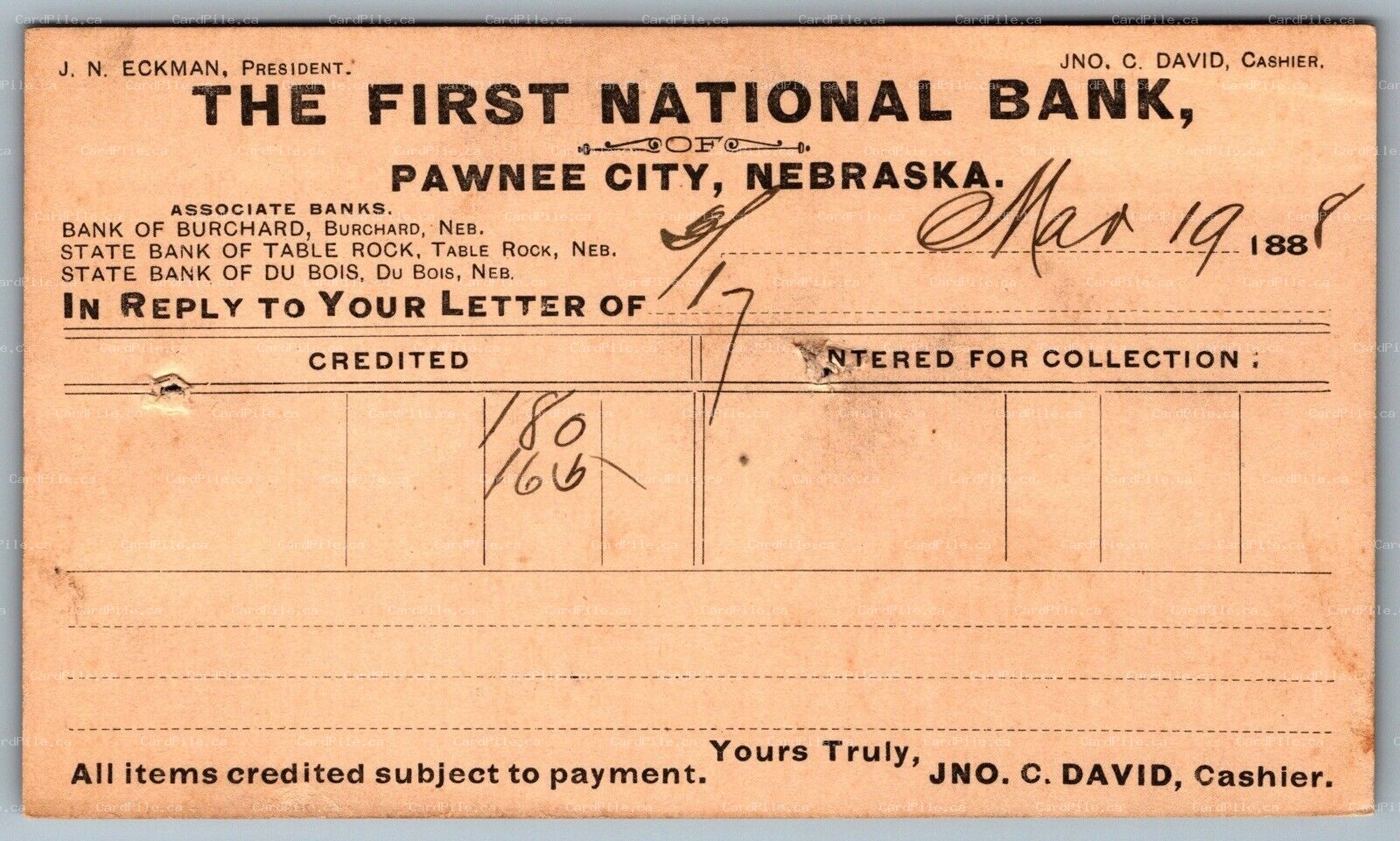 Postcard Pawnee City NE c1888 First National Bank Credit Note Burchard UX9 1c