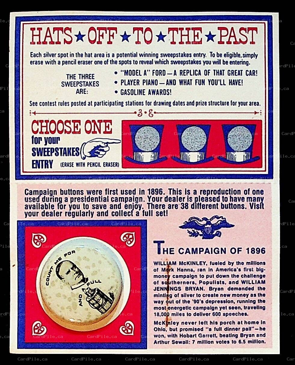 VINTAGE 1972 American Oil Company Sweepstakes Pinback Button William McKinley