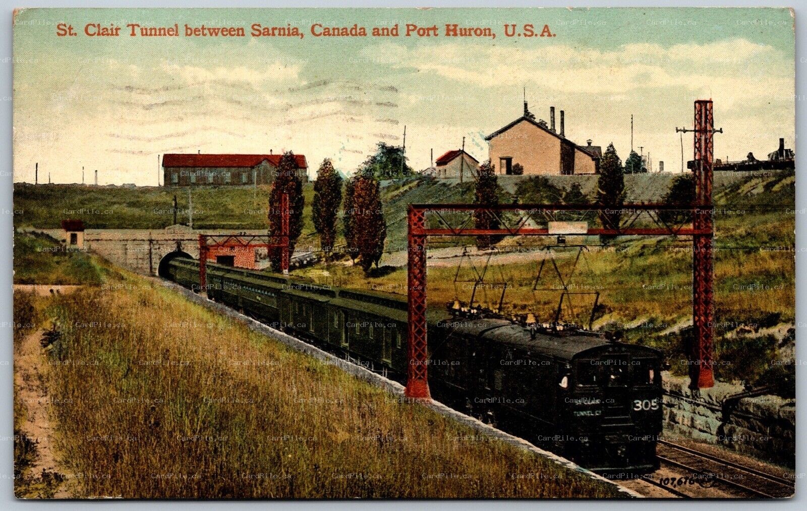Postcard Sarnia Ontario c1915 St. Clair Tunnel Port Huron USA Train Passing