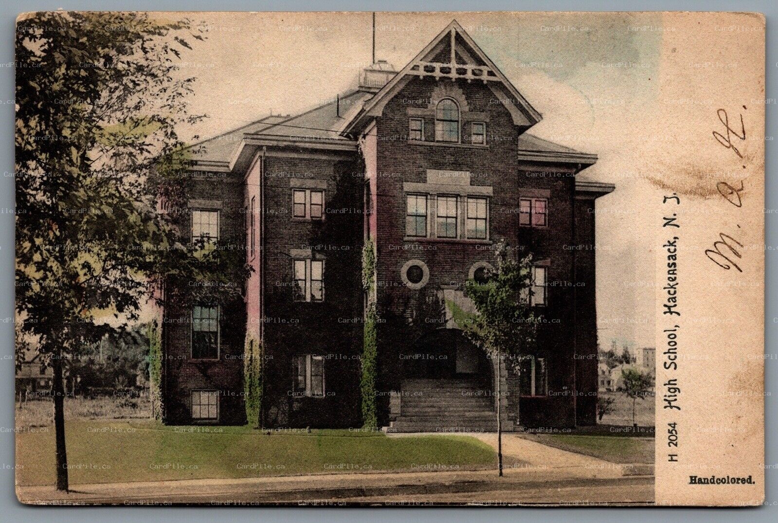 Postcard Hackensack NJ c1906 High School Bergen County Hand Colored