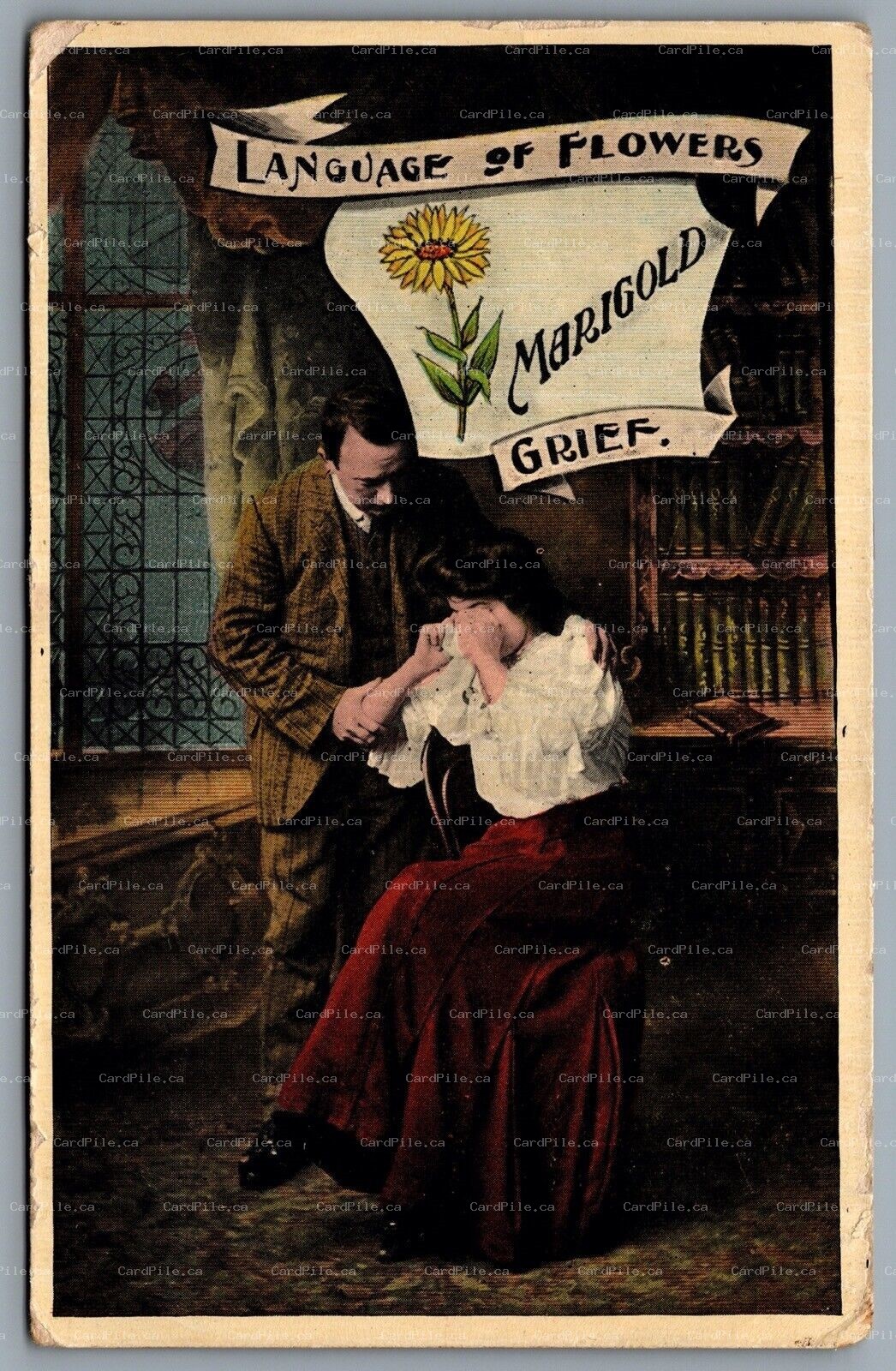 Postcard c1910s Language Of Flowers Marigold Grief Grieving Man Consoles Lady