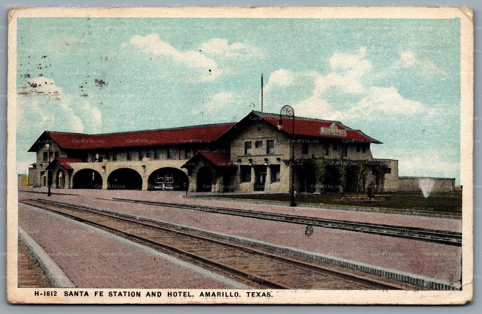 Postcard Amarillo TX c1921 Fred Harvey Santa Fe Station and Hotel Railroad Depot