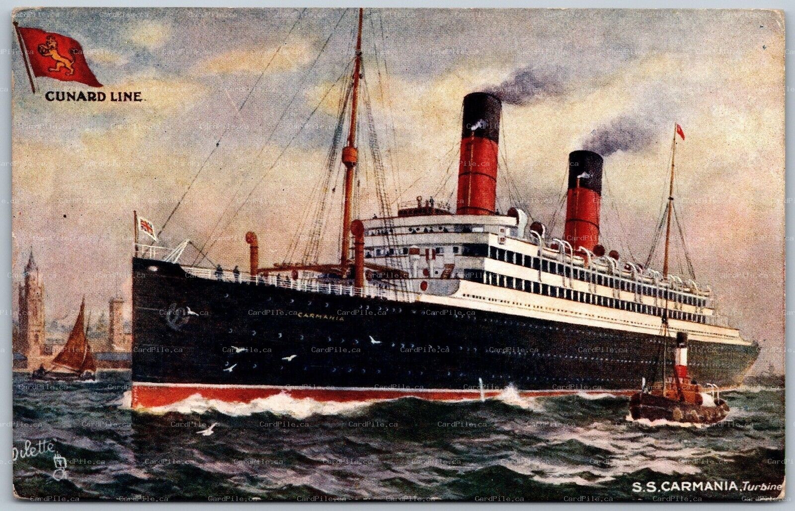 Postcard c1910s SS Carmania Turbine Cunard Line Celebrated Liners Tuck Oilette