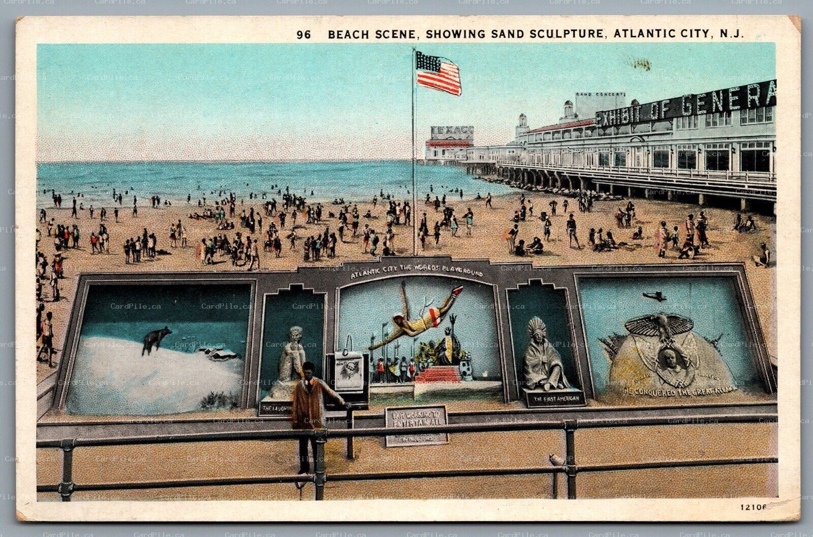 Postcard Atlantic City NJ c1910 Beach Scene Showing Sand Sculpture Texaco Pier 