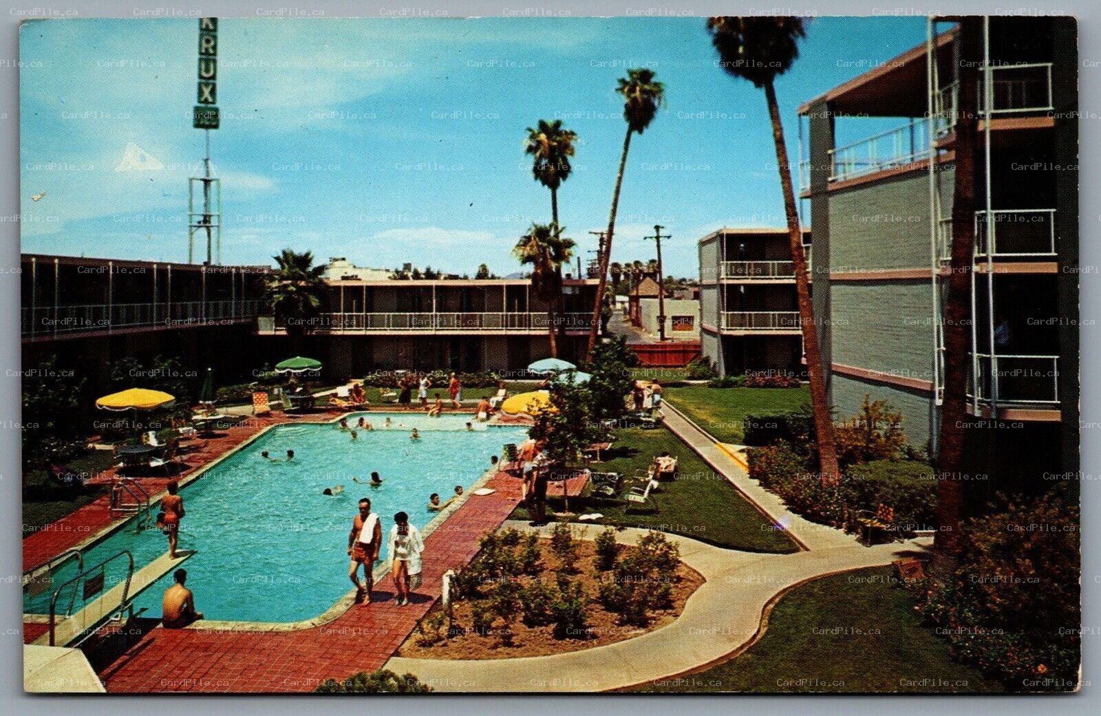 Postcard Phoenix AZ c1950s Sahara Motor Hotel Patio Swimming Pool Umbrellas