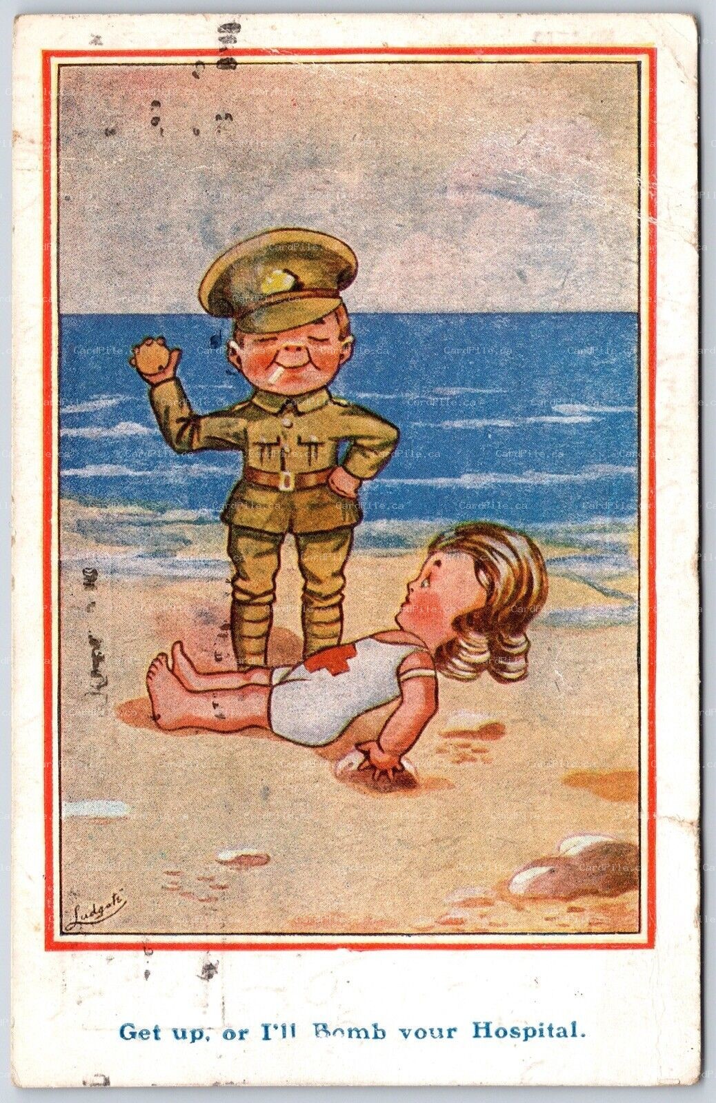 Postcard c1918 Artist Signed Get Up, Or I’ll Bomb Your Hospital