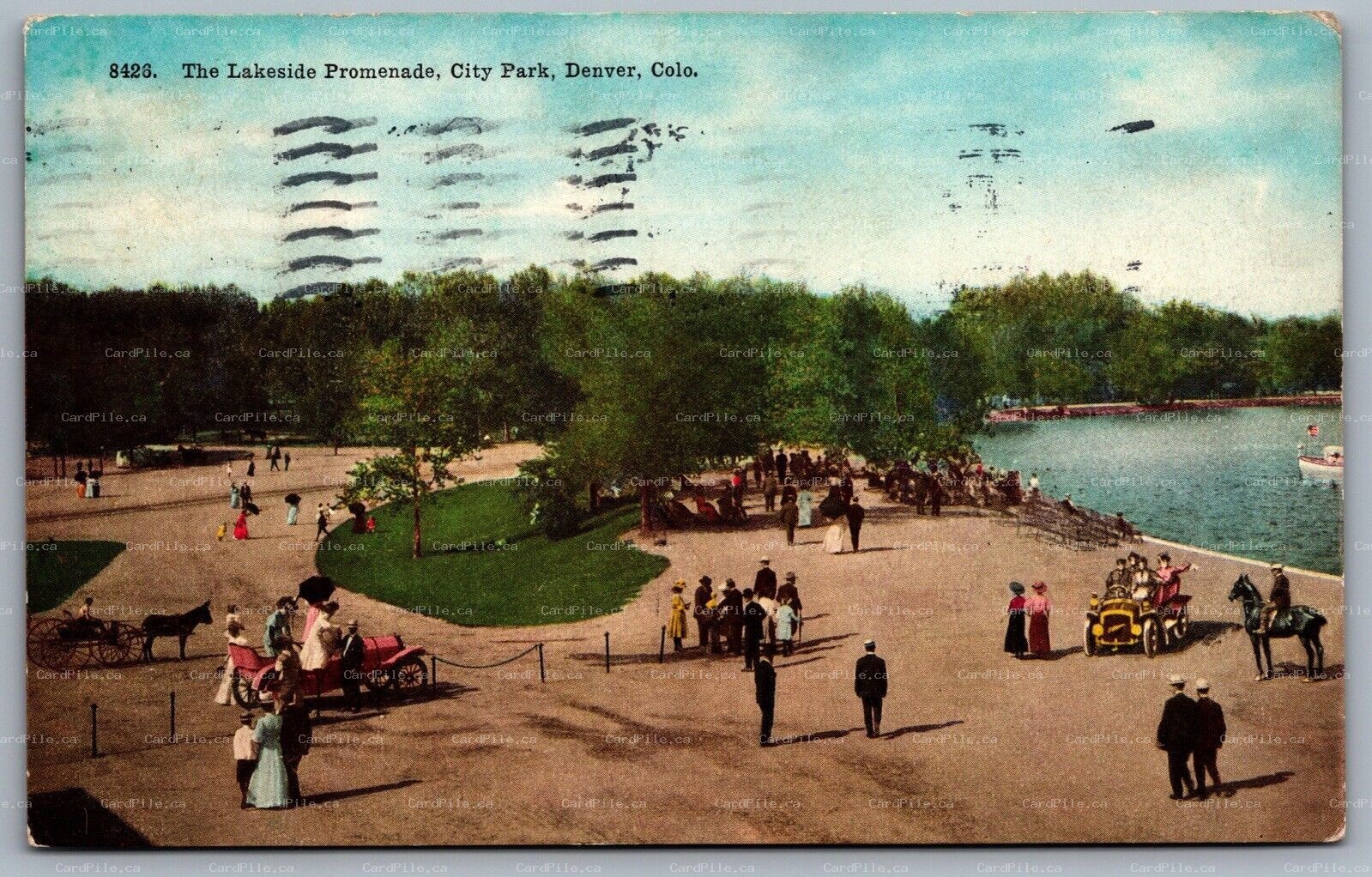 Postcard Denver CO c1909 The Lakeside Promenade City Park Horse Cart Old Cars
