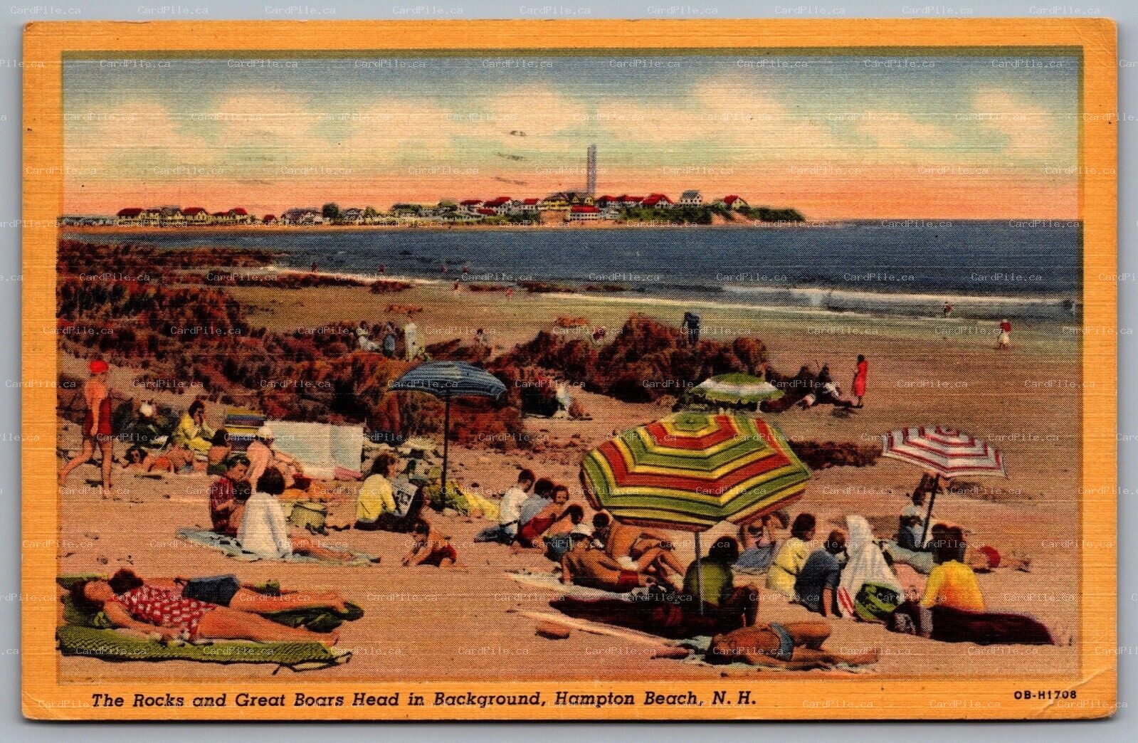 Postcard Hampton Beach NH c1940 The Rocks & Great Boars Head Bathers Beach Surf