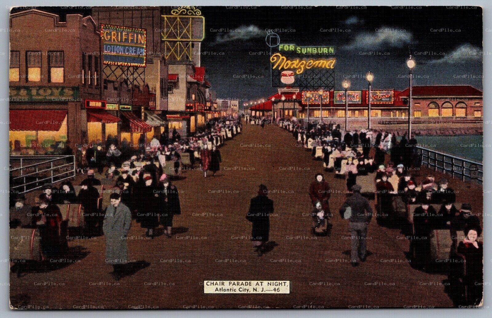 Postcard Atlantic City NJ c1940 Chair Parade at Night Boardwalk Noxzema Cream