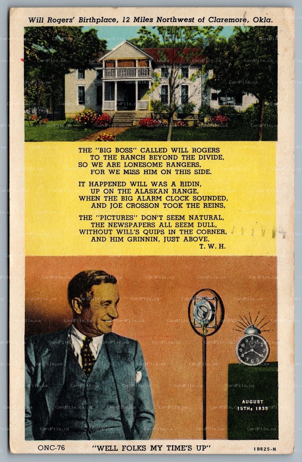Postcard Claremore OK c1953 Will Rogers Birthplace Well Folks My Time’s Up