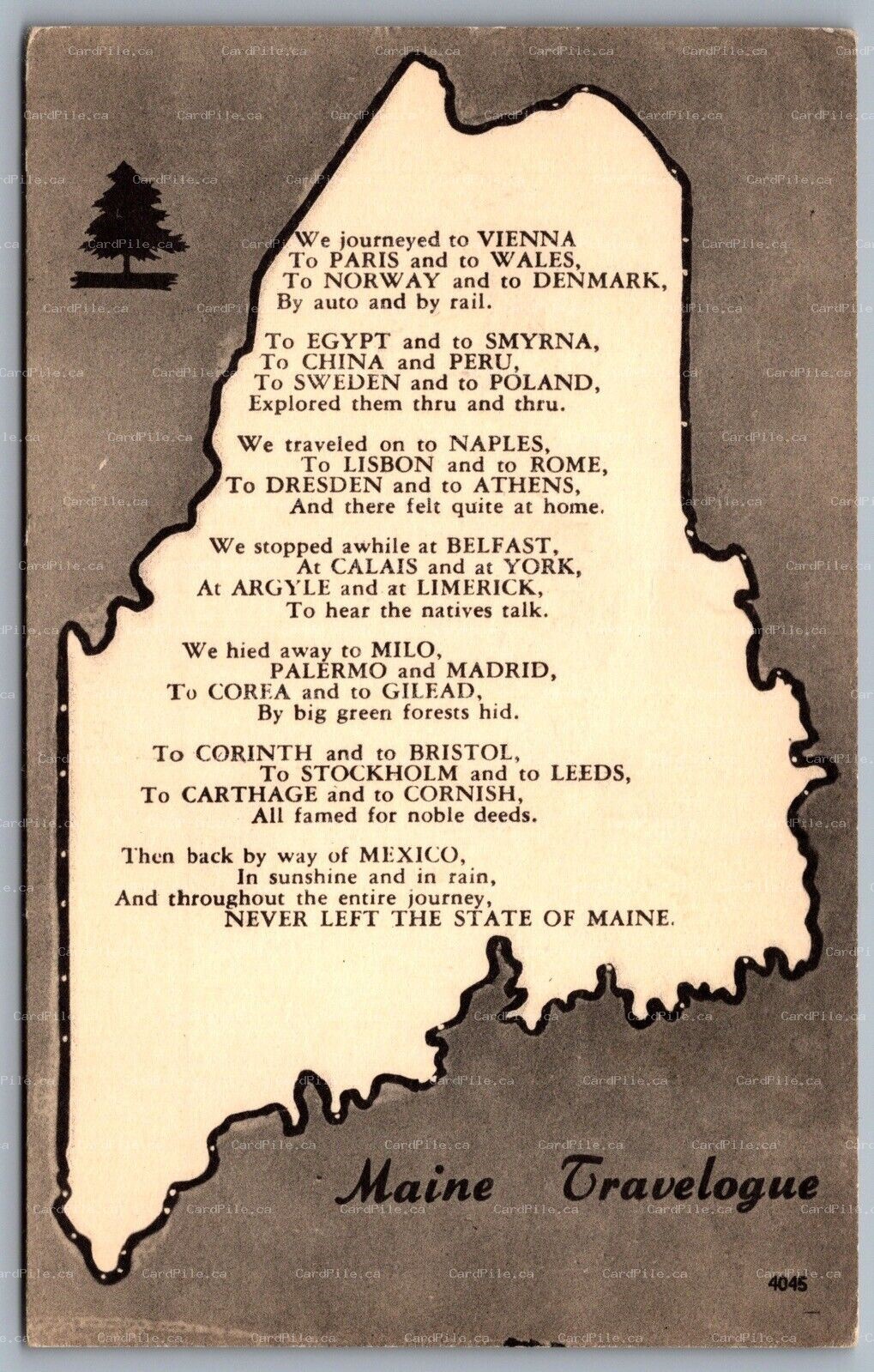 Postcard Maine ME c1950s Travelogue Poem Outline Map of Maine