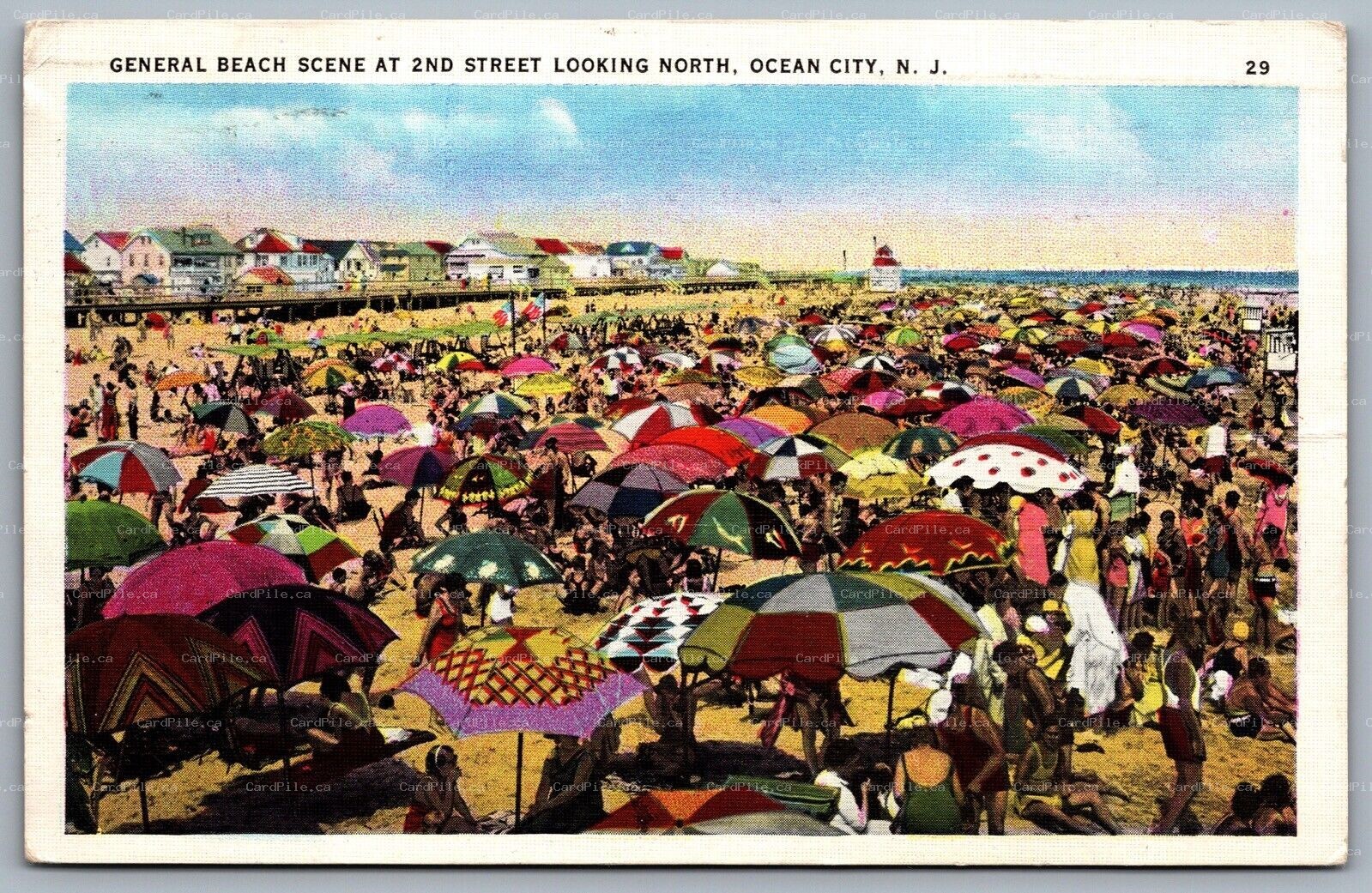 Postcard Ocean City NJ c1935 Beach Scene at 2nd Street Looking North Bathers