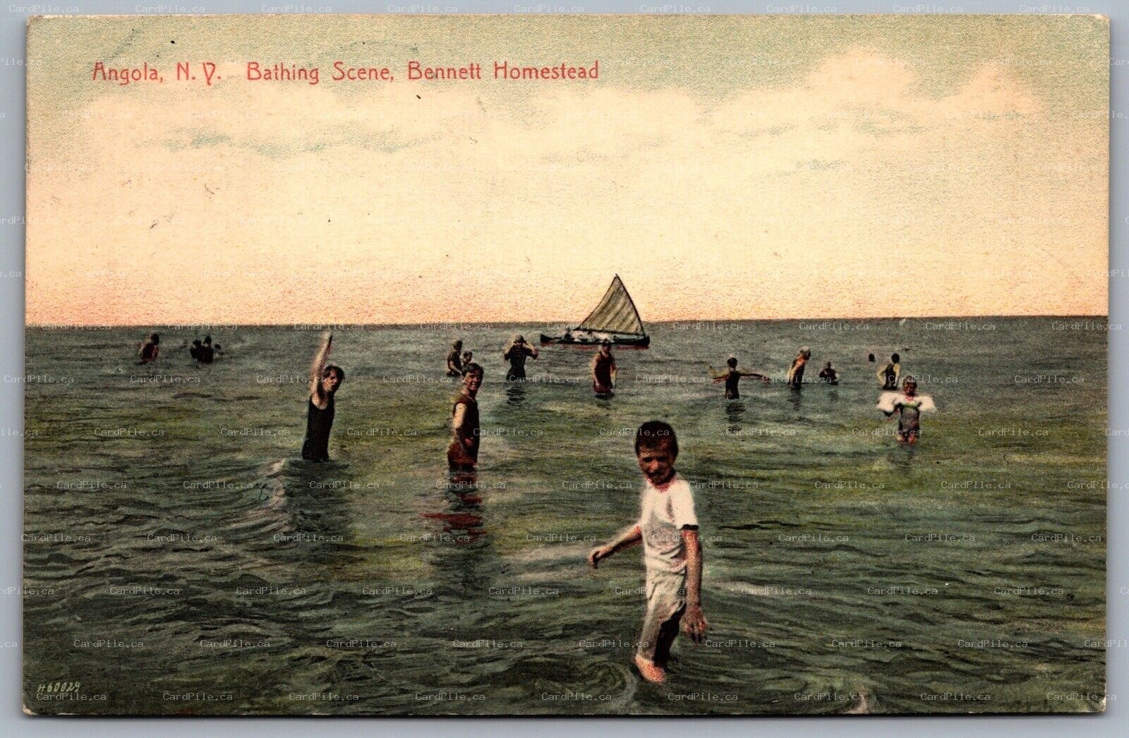 Postcard Angola NY c1908 Bathing Scene Bennett Homestead Bathers Boat