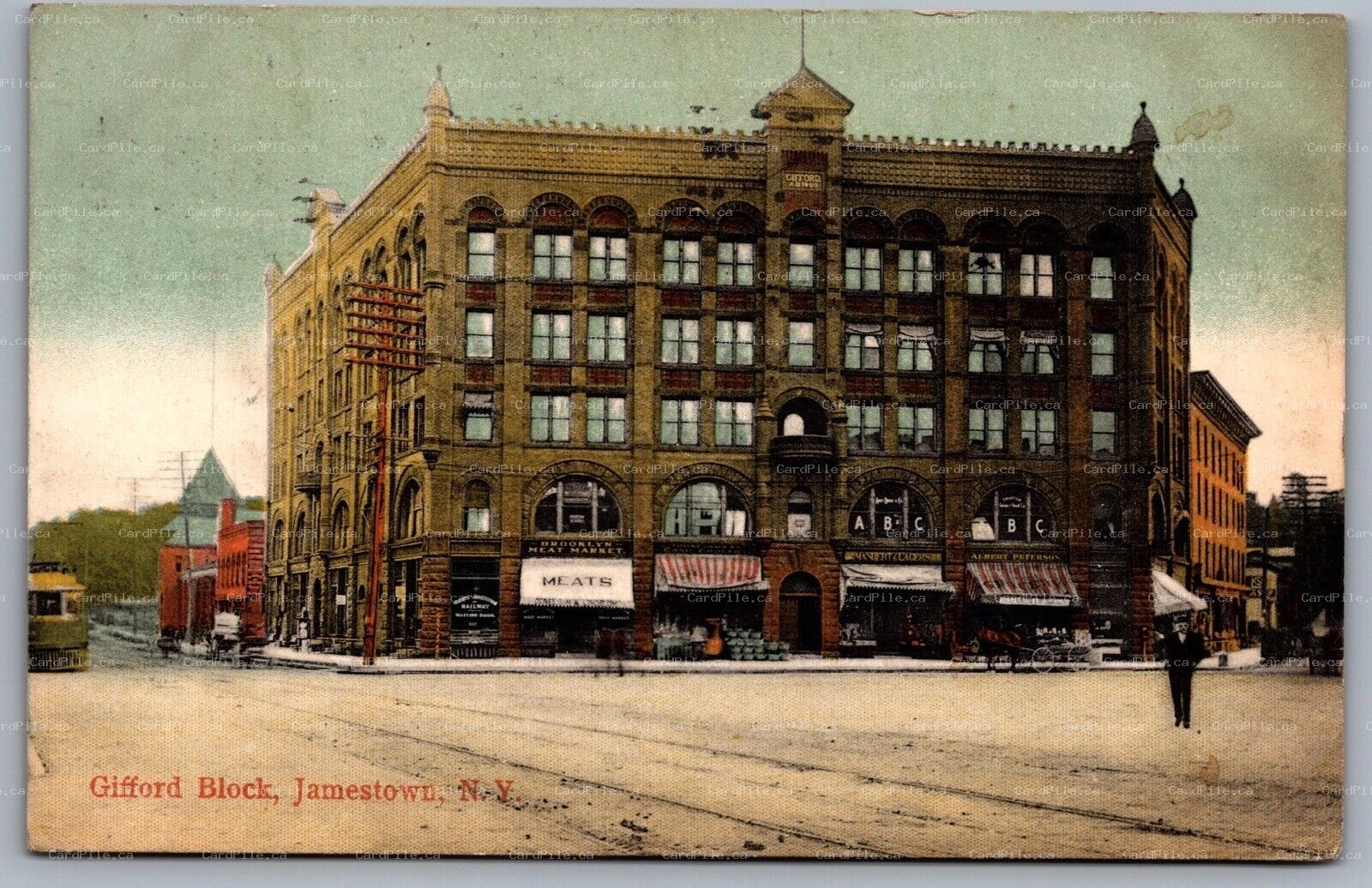 Postcard Jamestown NY c1908 Gifford Block Street View Tram Meat Market Railway