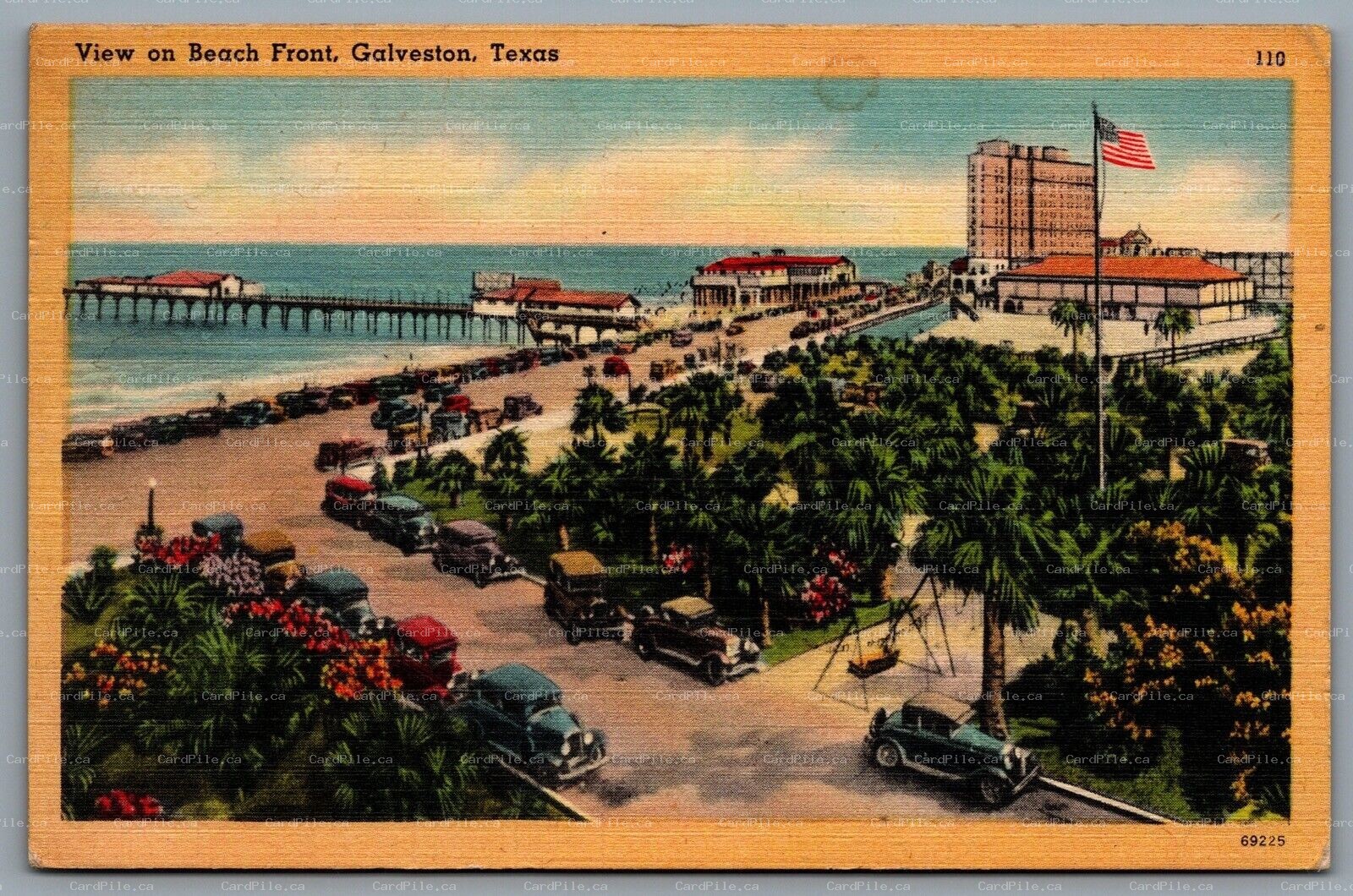 Postcard Galveston TX c1948 View on Beach Front Old Cars Pier Ocean View Linen
